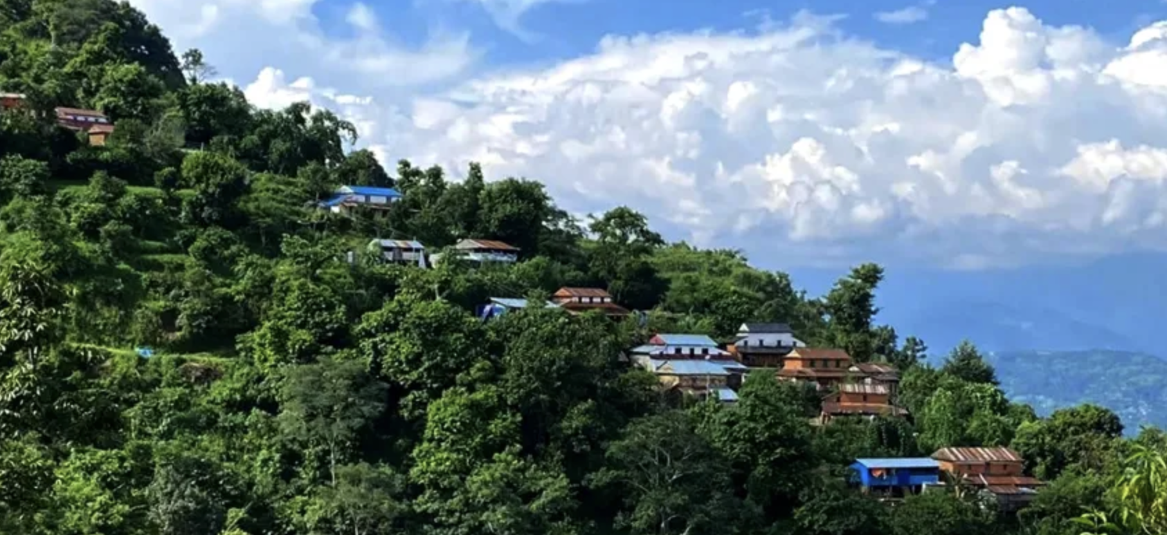 Houses and buildings on a lush green hillside under cloudy blue sky. View of the Himalayas. Wildlife expedition and phot safari with Wild Selection Tours.