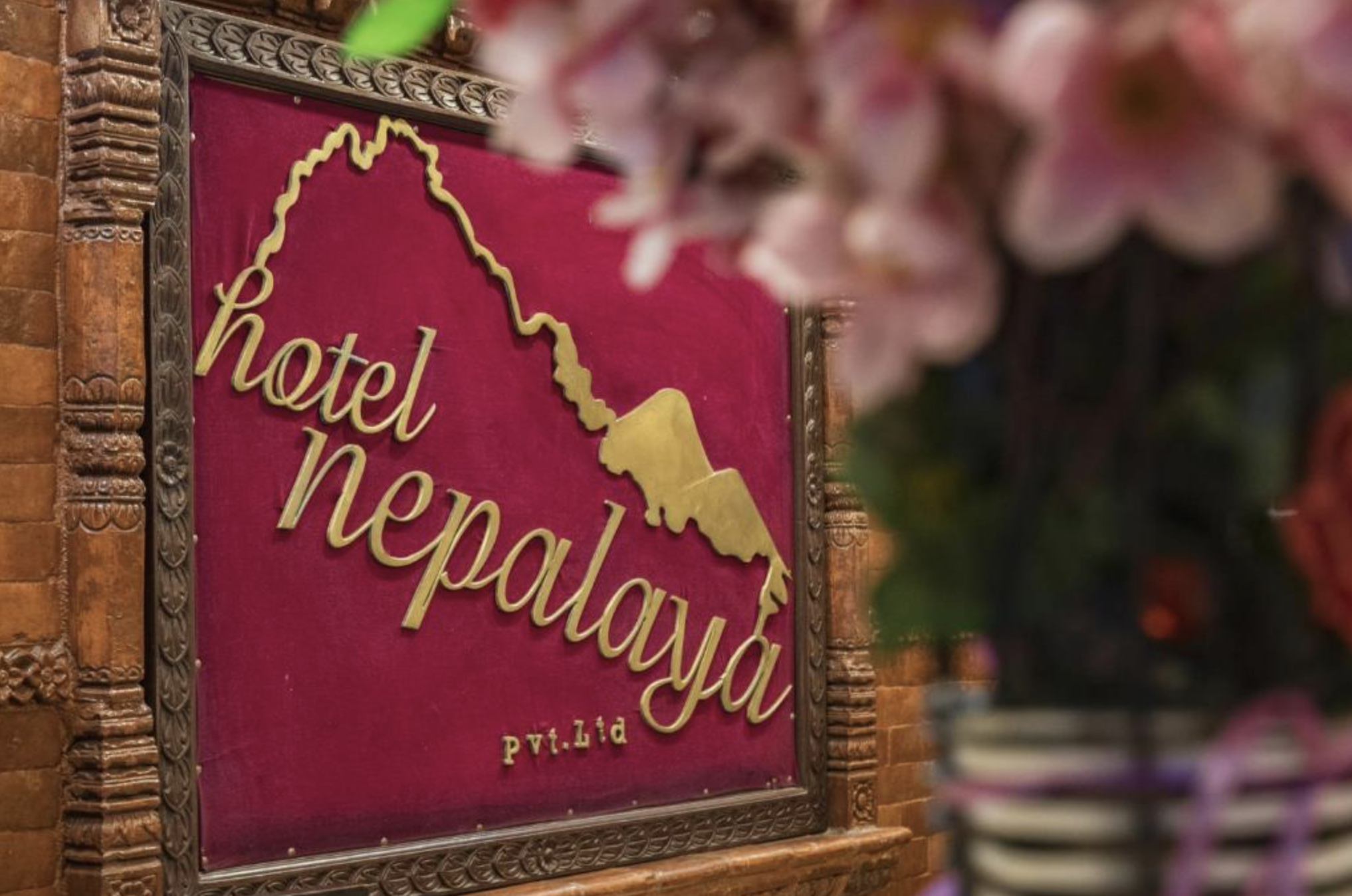 Sign for Hotel Nepalaya with a gold outline of the map of Nepal on a red background, framed with ornate wooden trim, and blurred flowers in the foreground. Wildlife expedition and phot safari with Wild Selection Tours.