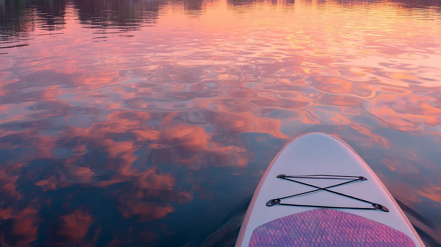 A paddleboard on calm water during sunset, reflecting pink and orange clouds in the sky.