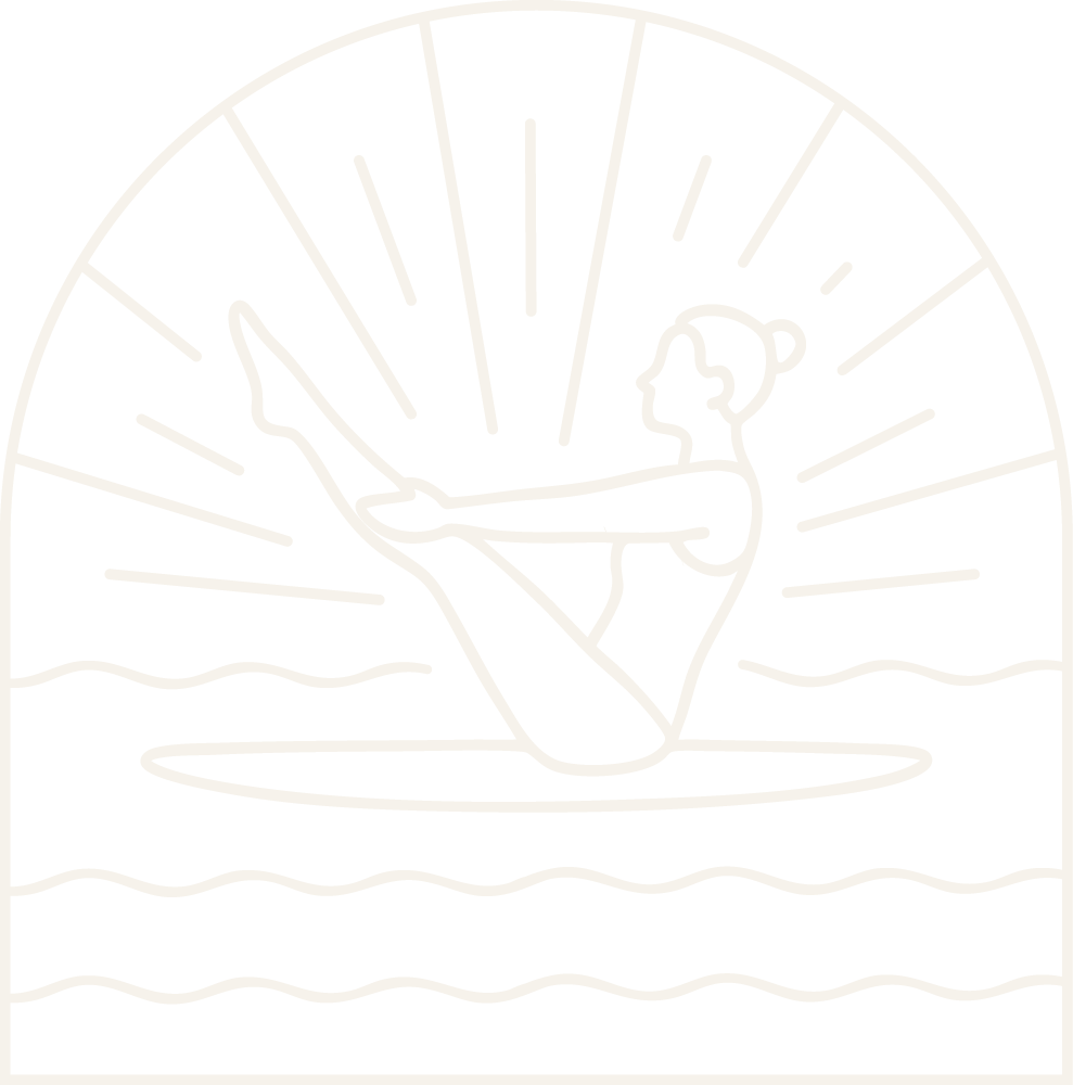 Line art illustration of a woman sitting cross-legged in a yoga pose with arms extended forward, set against a background of radiating lines and water waves.