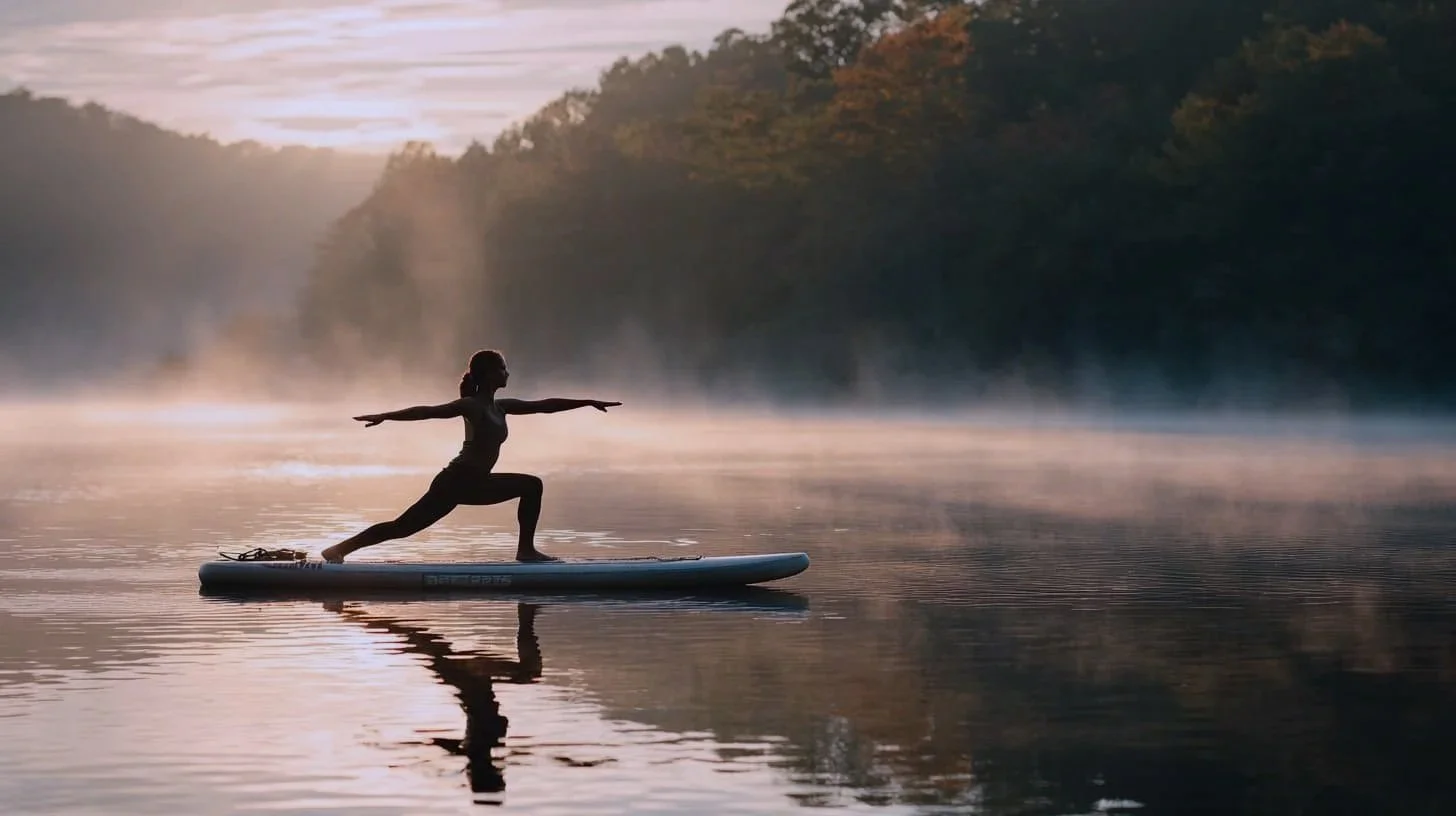 A person practicing yoga on a paddleboard on a calm lake during sunrise or sunset, with mist and trees in the background.