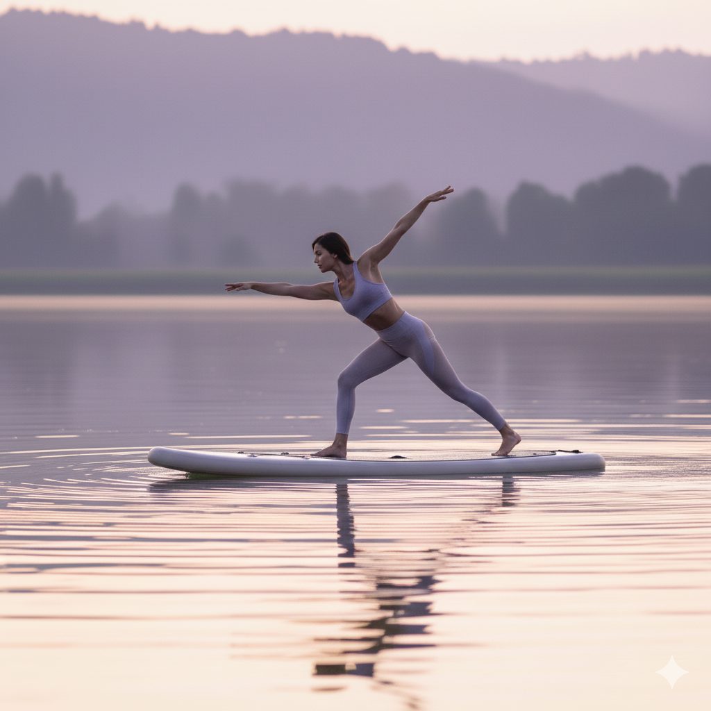 A woman performing a yoga pose on a paddleboard on calm water during sunrise or sunset with mountains and trees in the background.