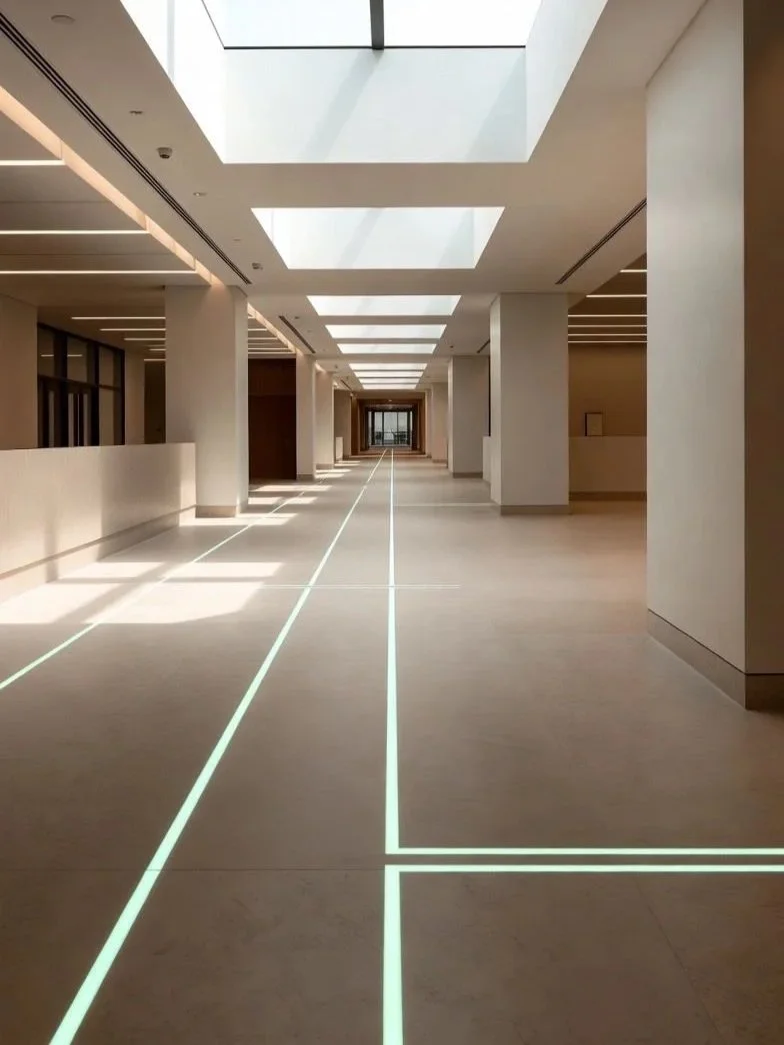 Marquage de cheminement lumineux dans un hall intérieur pour faciliter l’évacuation