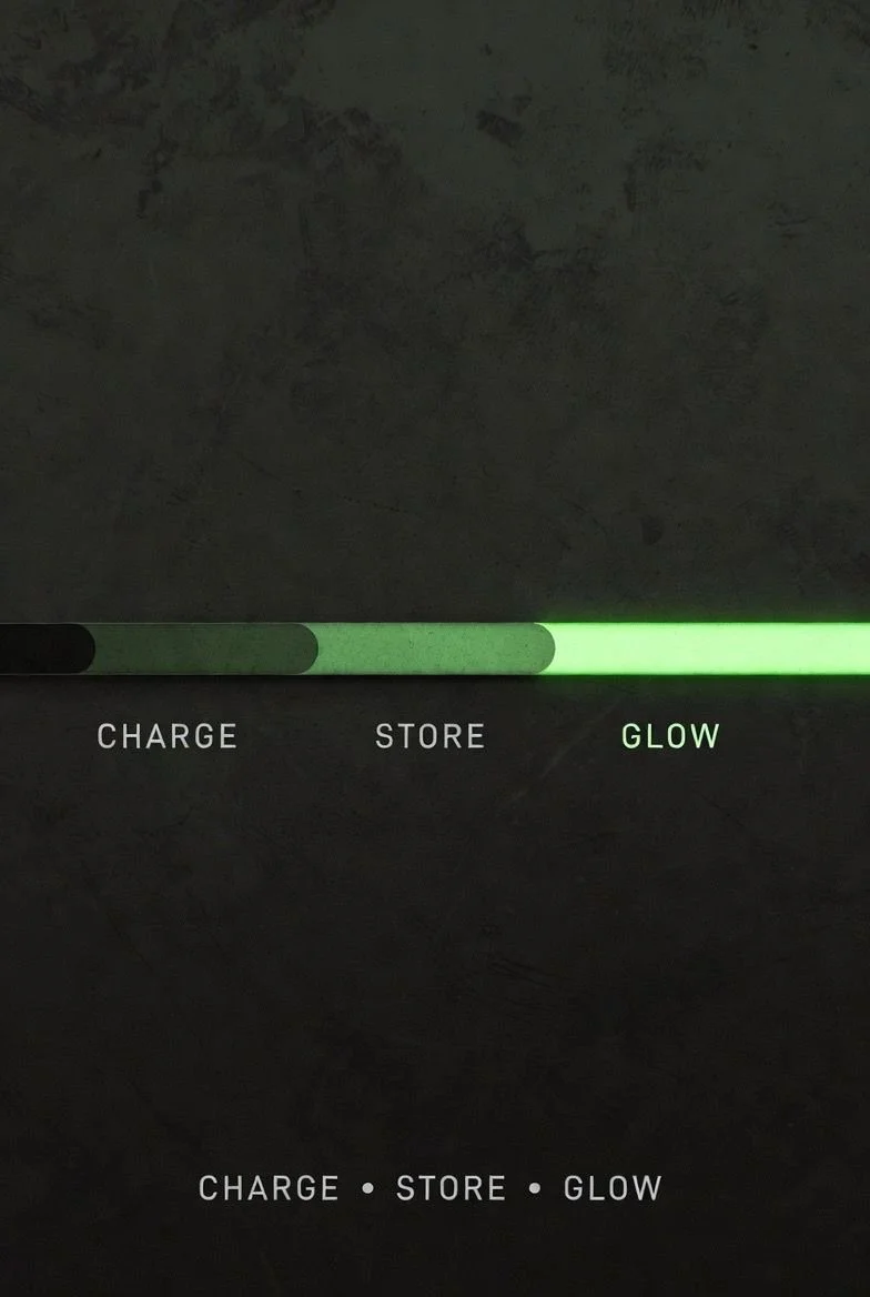 Schéma Charge Store Glow expliquant le fonctionnement des matériaux photoluminescents Edgering