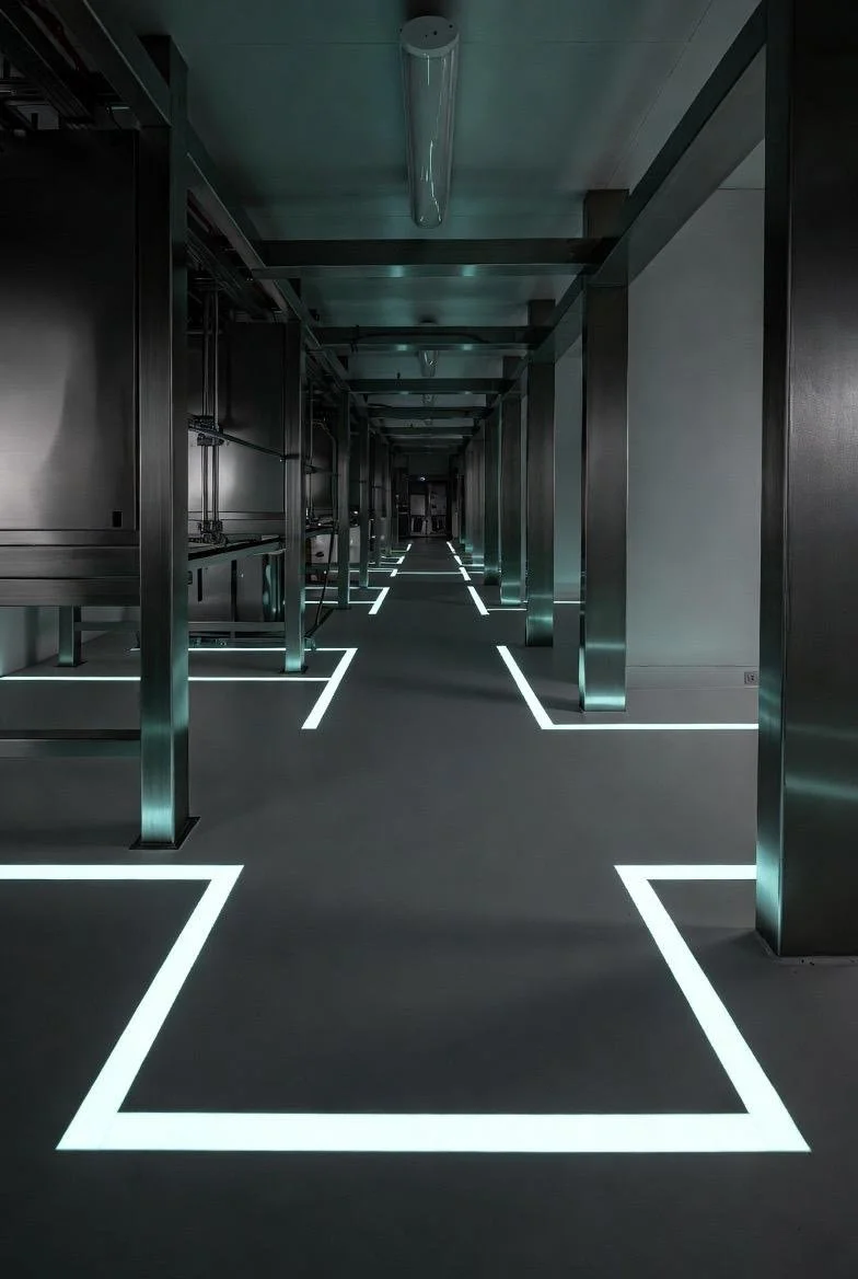 Couloir technique industriel avec lignes de guidage lumineuses au sol pour la sécurité et l’évacuation