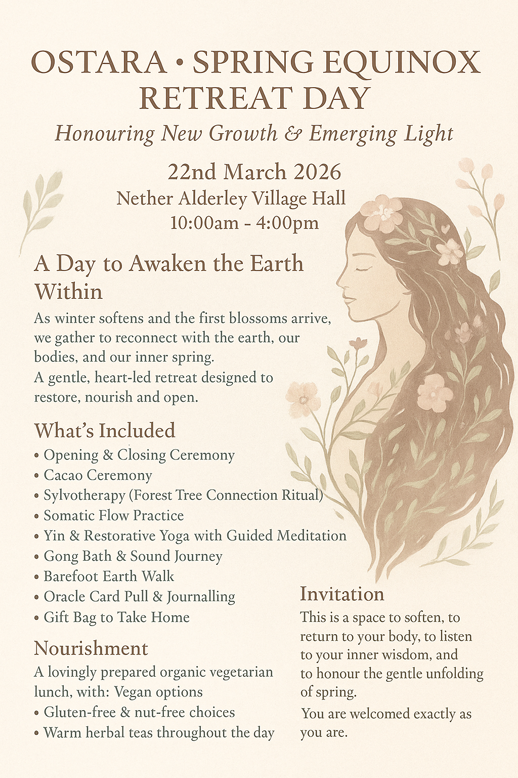 Invitation poster for Ostarra Spring Equinox Retreat Day on March 22, 2026, at Nether Alderley Village Hall, from 10:00 am to 4:00 pm, with an illustration of a woman with flowers in her hair surrounded by floral designs.