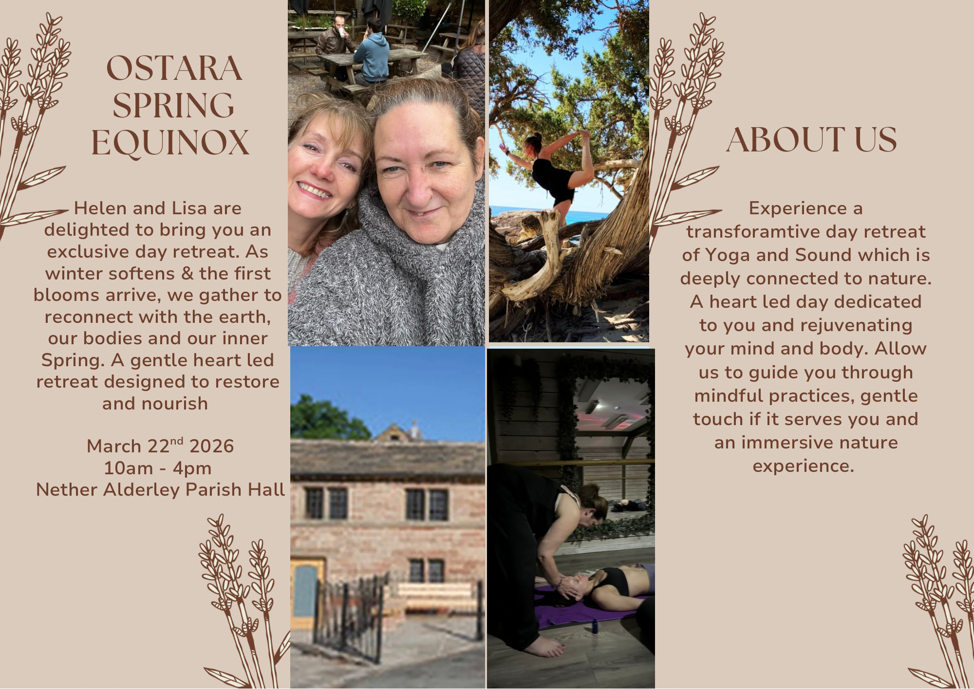 A flyer for an event called 'Ostara Spring Equinox' featuring text and several photographs. The left side contains descriptive text about the event, including the date, time, and location. The right side contains more information about the retreat experience. The flyer has a beige background with leaf illustrations. The photos show smiling women, a person practicing yoga outdoors in a tree, a building, and a massage or wellness session.