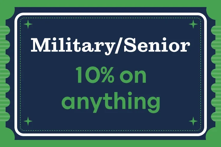 A promotional coupon offering 10% off on military or senior discounts, with a design featuring green, navy blue, and white colors.
