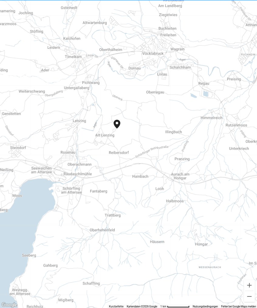 Karte mit Markierung bei Alt Lenzing in Österreich, Umgebung mit Orten wie Seewalchen, Gahberg, Oberachmann, Trattberg, Hausern, Wessenauraach sichtbar.