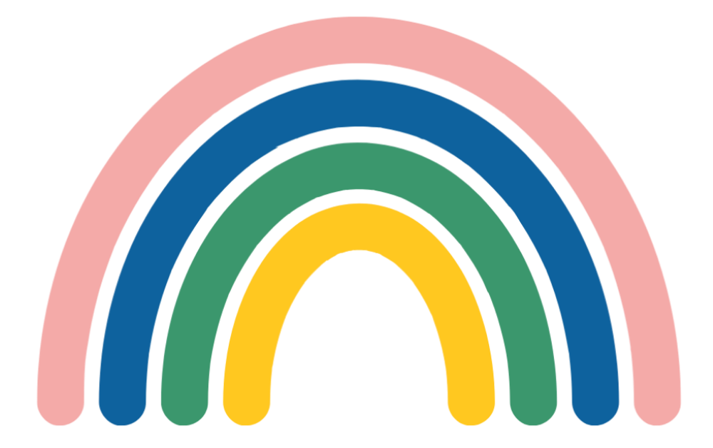Colorful rainbow with five bands in pink, blue, green, yellow, and orange on a white background.