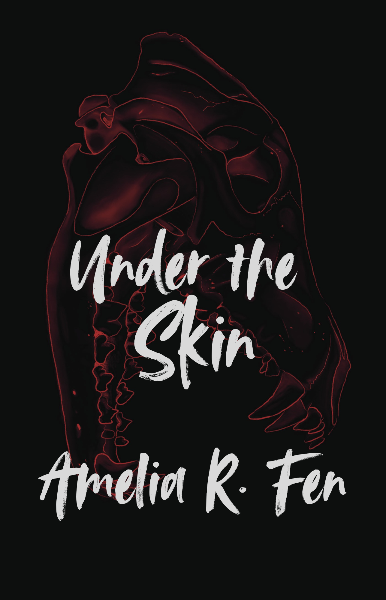 Book cover titled 'Under the Skin' by Amelia R. Fen, featuring a dark red, stylized outline of a human heart on a black background.