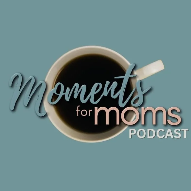 Logo of 'Moments for Moms' podcast featuring a cup of coffee and stylized text on a blue background. Episode featuring Author Debbie Prather