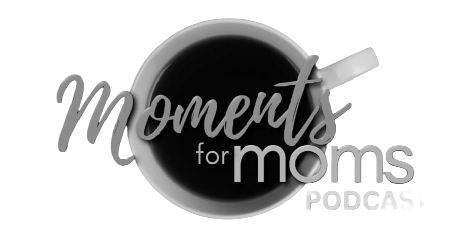 A logo for the 'Moments for Moms' podcast featuring a coffee mug filled with black coffee, with the podcast name written over the mug.