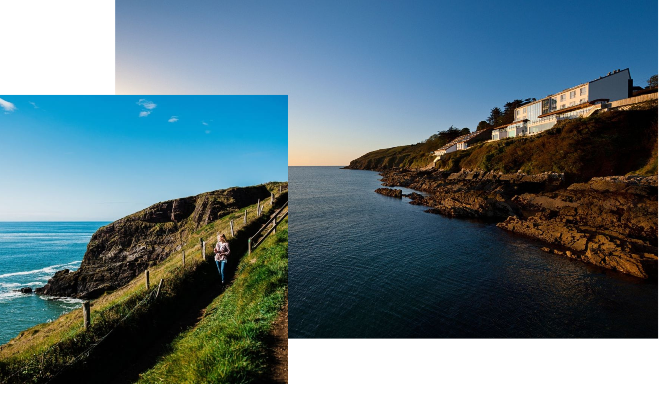 Two coastal landscape photos, one of a woman walking along cliffs overlooking the ocean at sunset, and the other of a waterway along a hillside with modern houses.