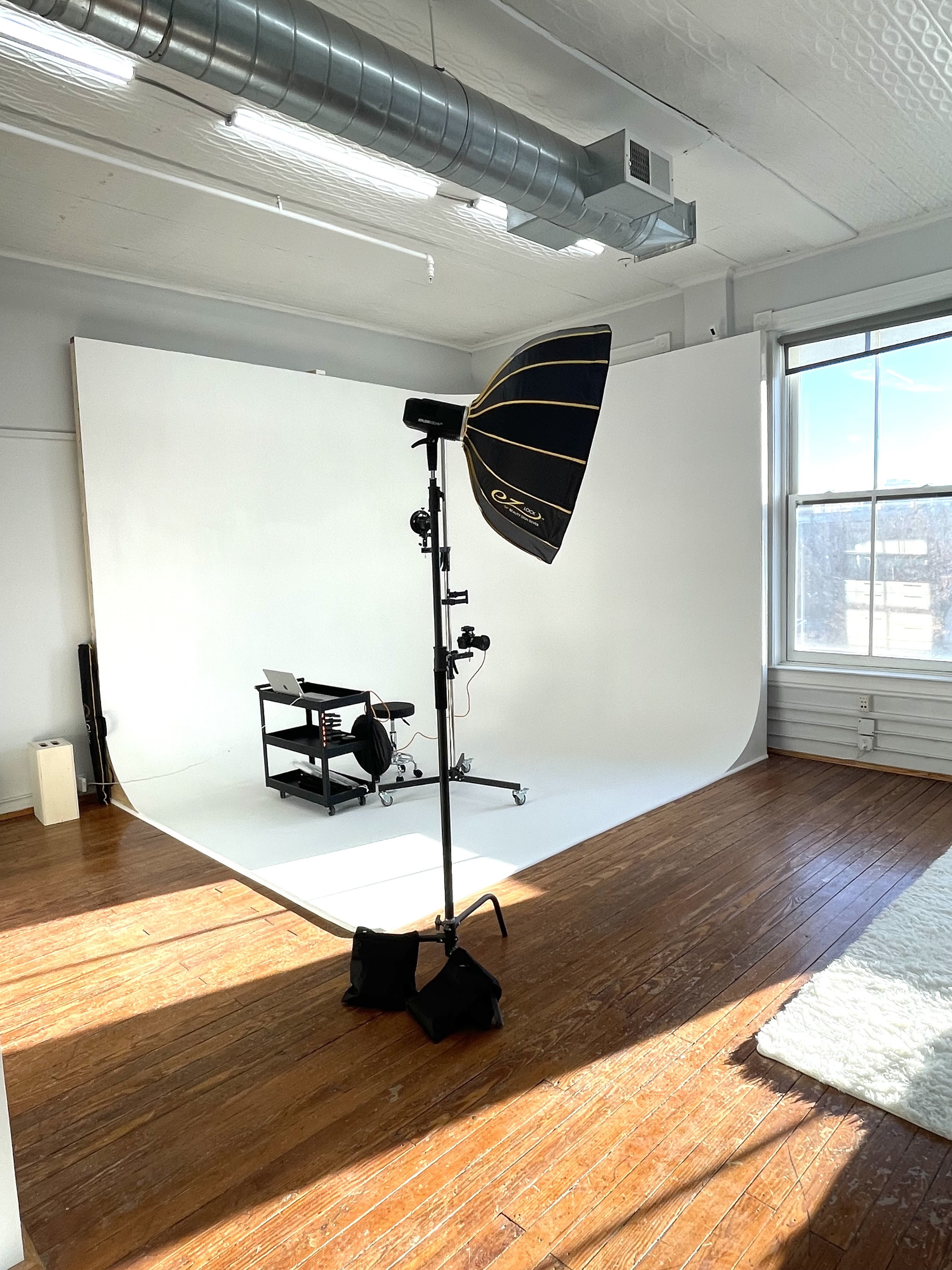 Photography studio setup with a white backdrop, a softbox light, a rolling cart with a laptop, and a wooden floor, illuminated by natural light from a window.