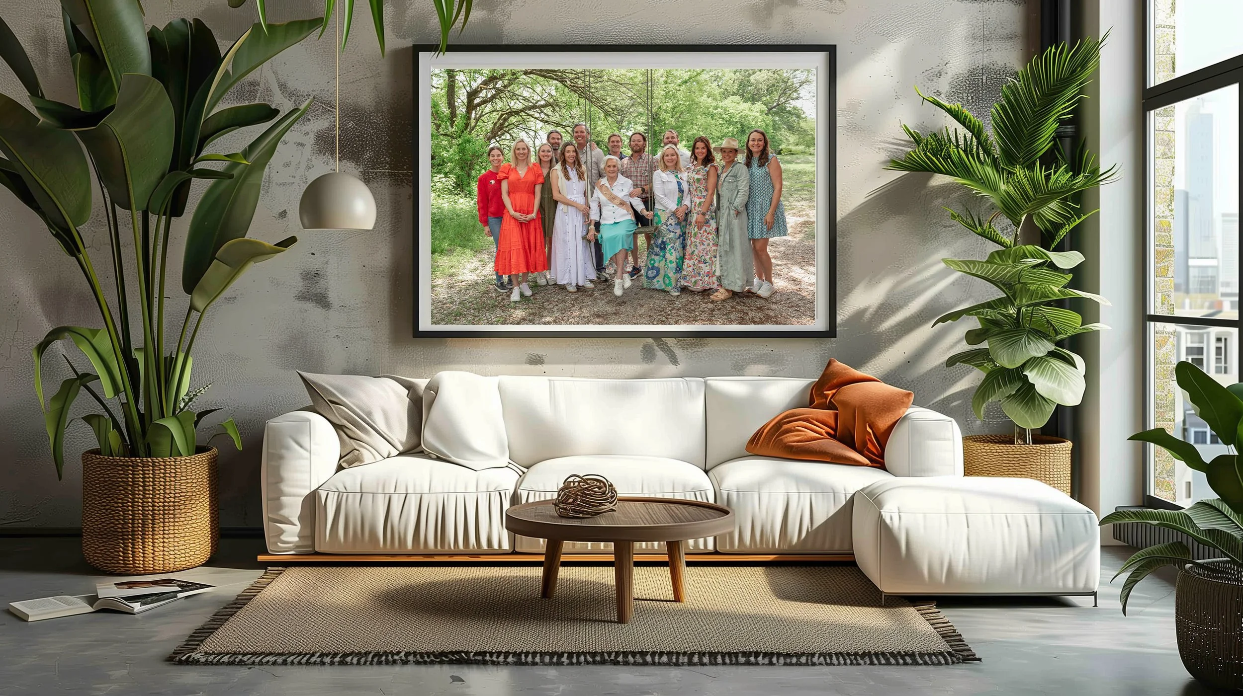 Large framed extended-family portrait displayed above a living-room sofa.
