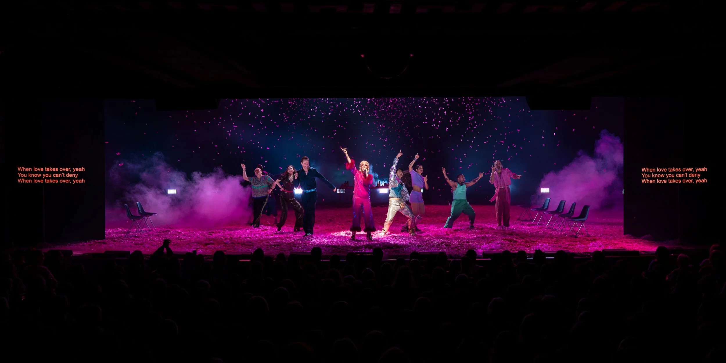 A captioned theatre show, Much Ado About Nothing by Jamie Lloyd. Photograph by Malachy Luckie