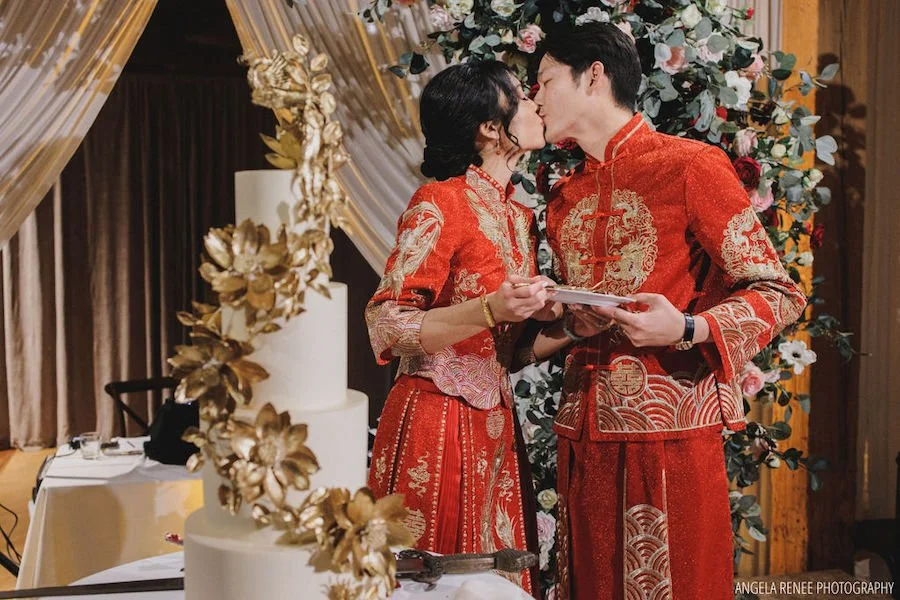 what makes cake dense vs fluffy - couple kissing after cutting their wedding cake