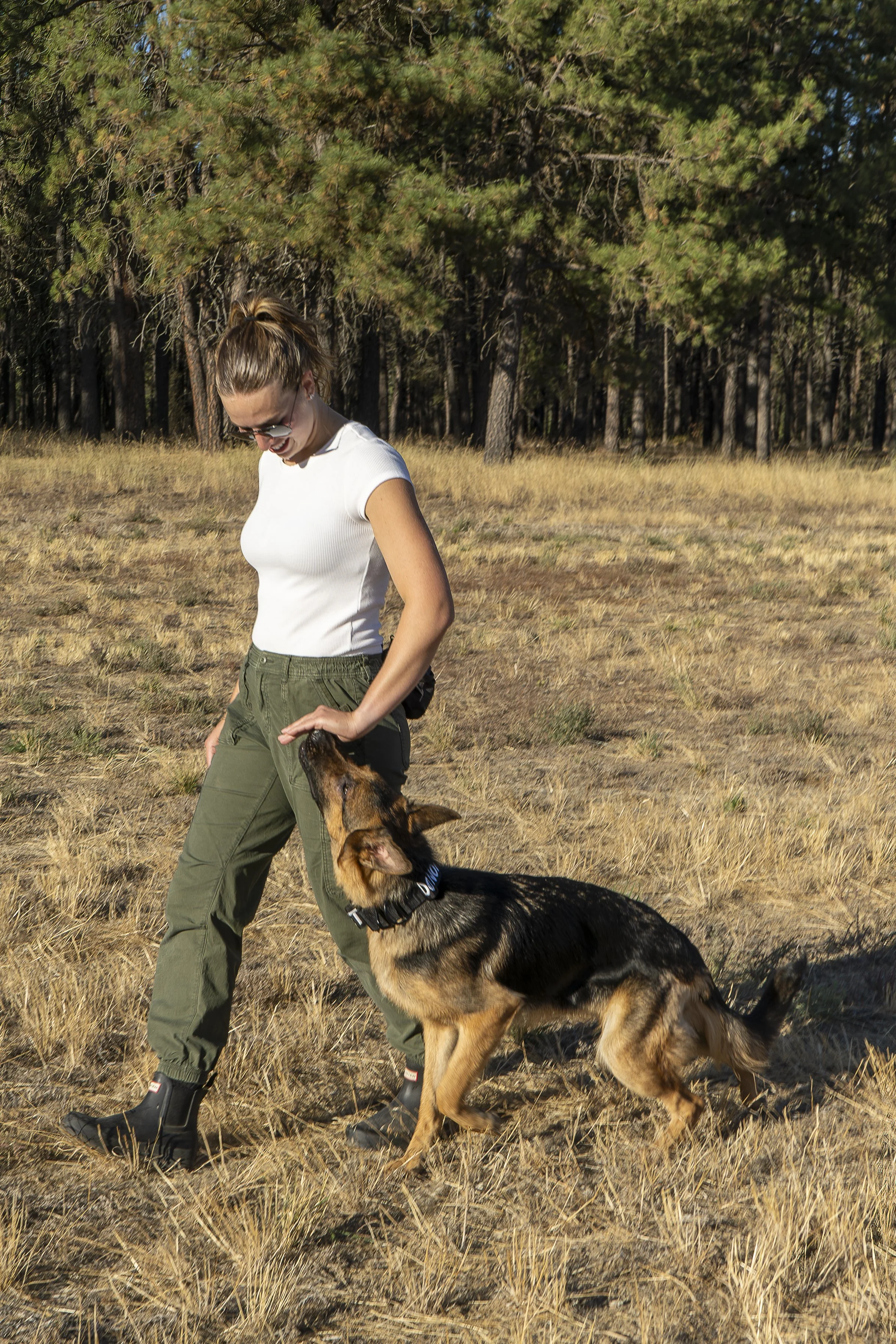 A woman wearing a white t-shirt, green pants, and black boots playing with a German Shepherd dog in a grassy field with trees in the background.