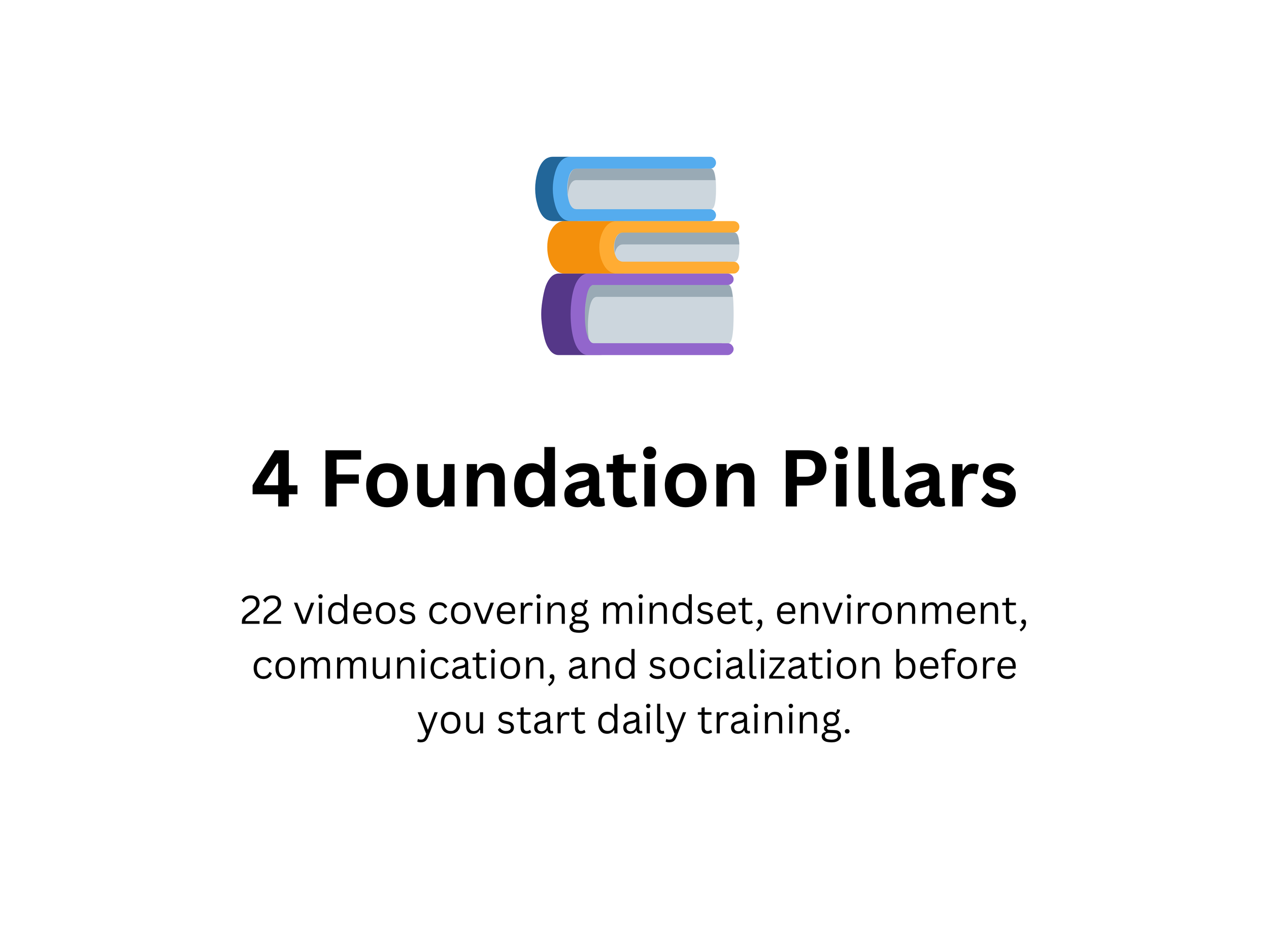 Cover slide with a stack of four colorful books and title '4 Foundation Pillars' for a video series about mindset, environment, communication, and socialization.