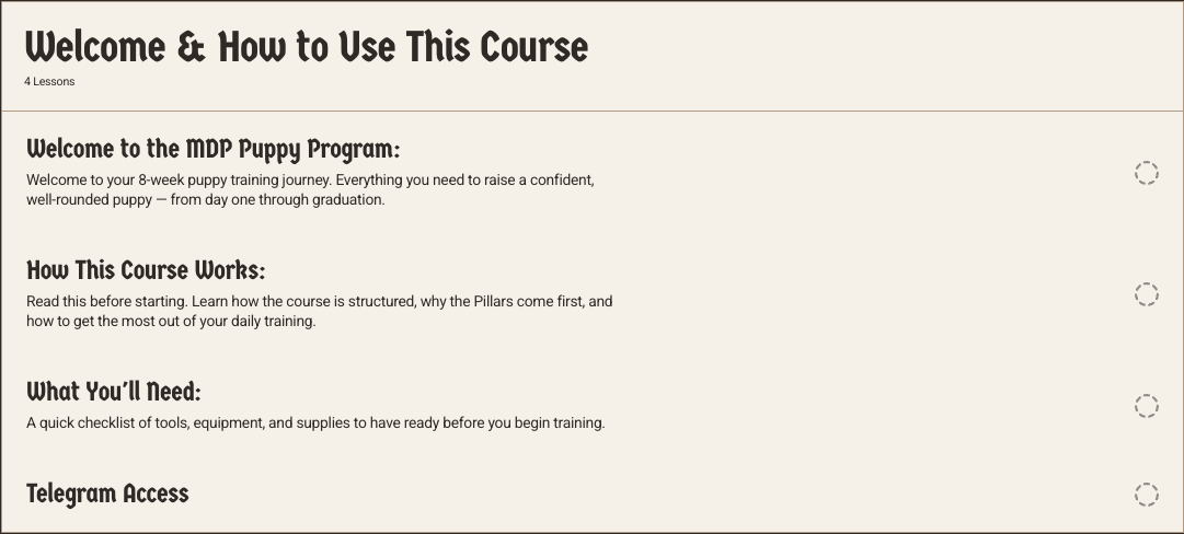 Screenshot of an online course webpage titled 'Welcome & How to Use This Course,' outlining four lessons about a puppy training program, including sections for welcome message, course structure, required tools, and Telegram access.