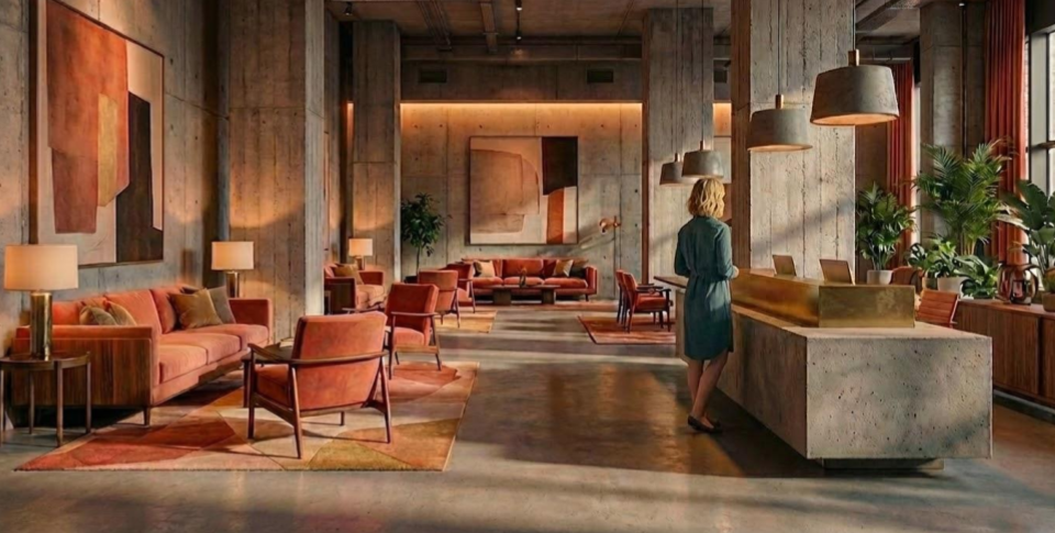 Interior of a modern lounge or lobby with warm lighting, pink couches, wooden chairs, an abstract wall art, large windows with plants, and a woman standing at the reception counter.