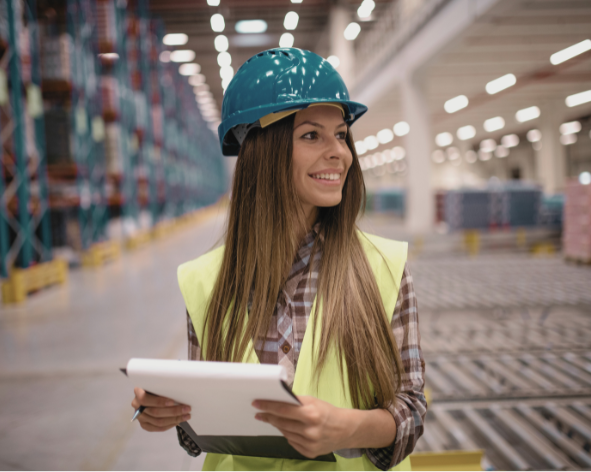 A woman wearing a blue safety helmet and a yellow safety vest holding a tablet in a warehouse or industrial setting.
