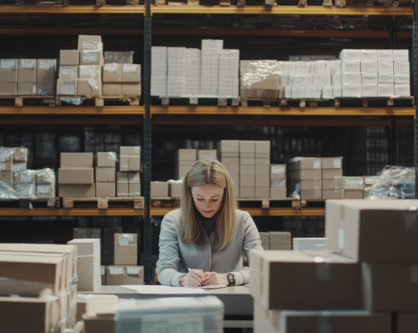 A woman working in a warehouse with shelves filled with boxes and packages.