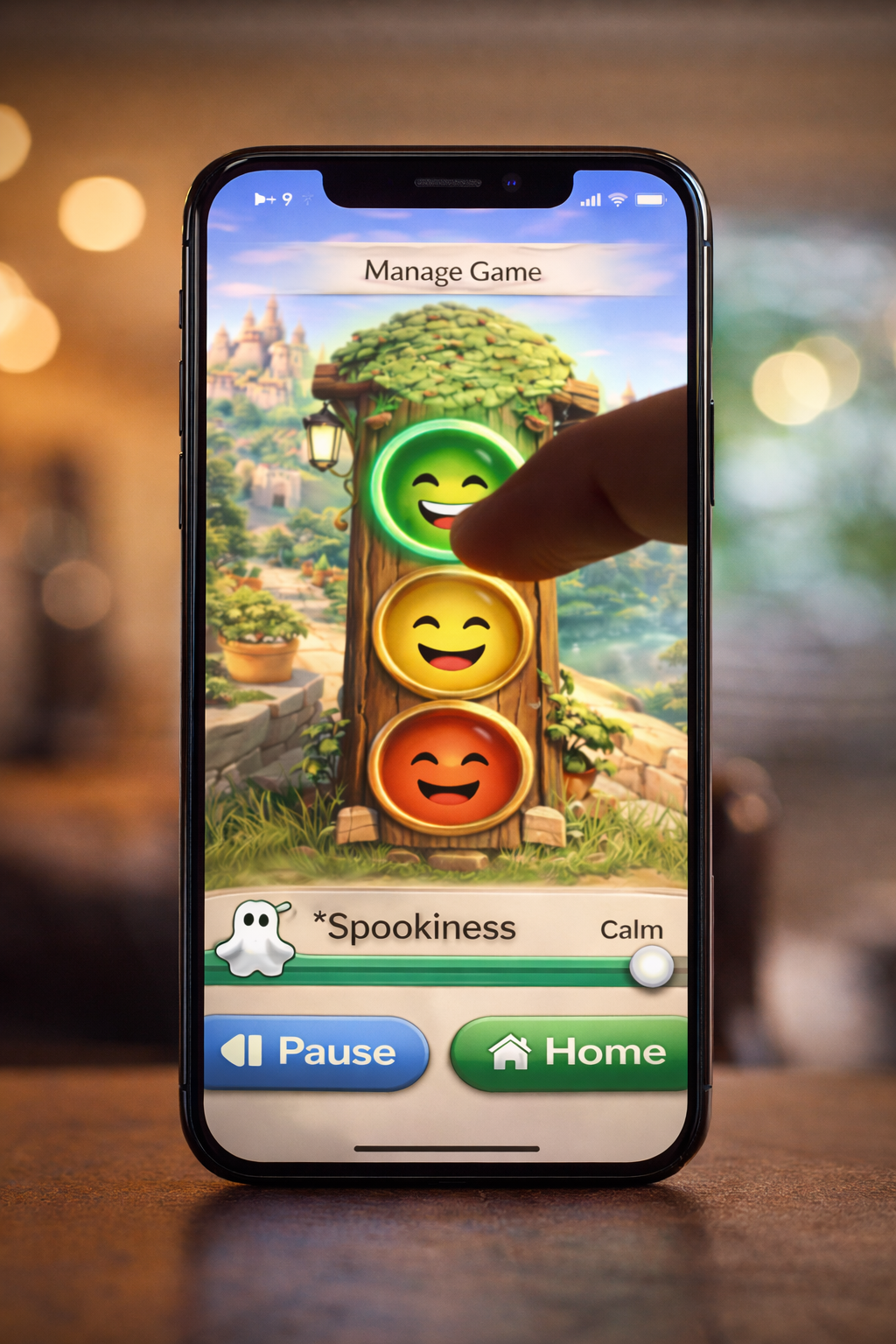 A smartphone screen displaying a game interface with three smiling emoji faces in yellow, green, and red, mounted on a cartoonish background, with a finger tapping the green emoji. The interface includes options labeled 'Pause' and 'Home' and a slider for mood, with the mood currently set to 'Spookiness'.