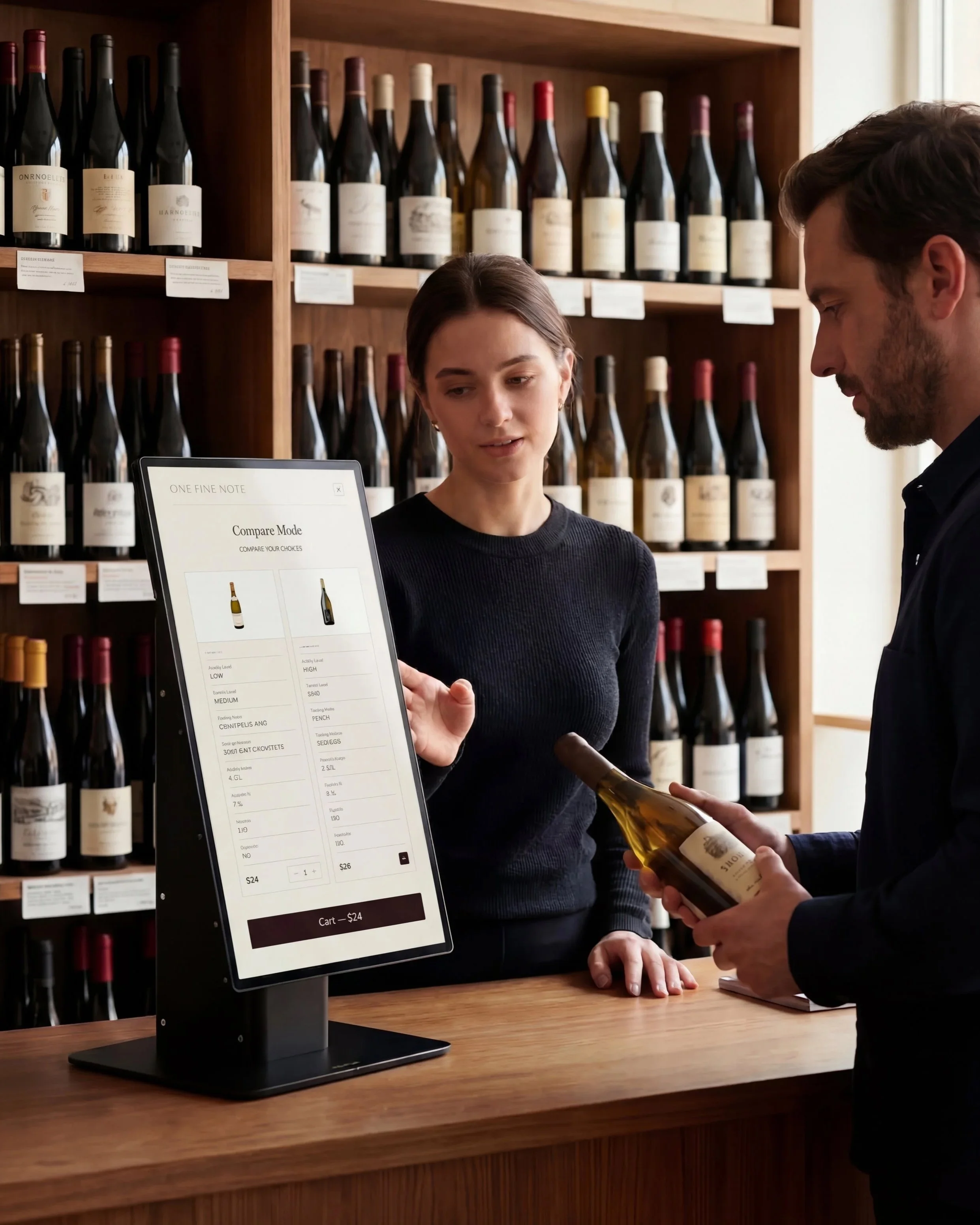 A man and a woman are at a wine store counter. The woman points at a digital screen displaying wine options, while the man holds a bottle of wine. Shelves filled with various wine bottles are in the background.