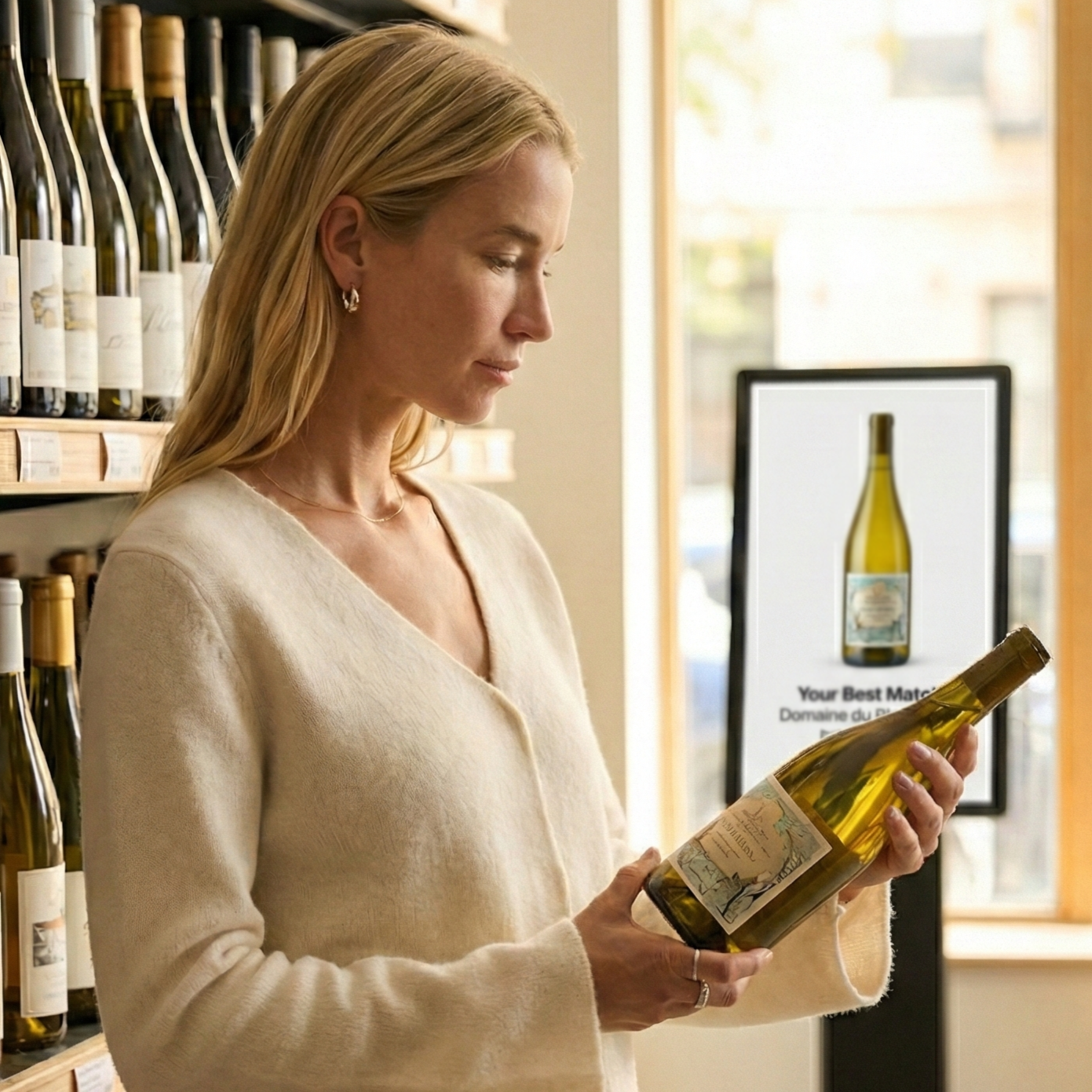 A woman with blonde hair wearing a beige sweater holding a bottle of white wine in a wine shop. The bottle of wine was recommended by the kiosk behind her.