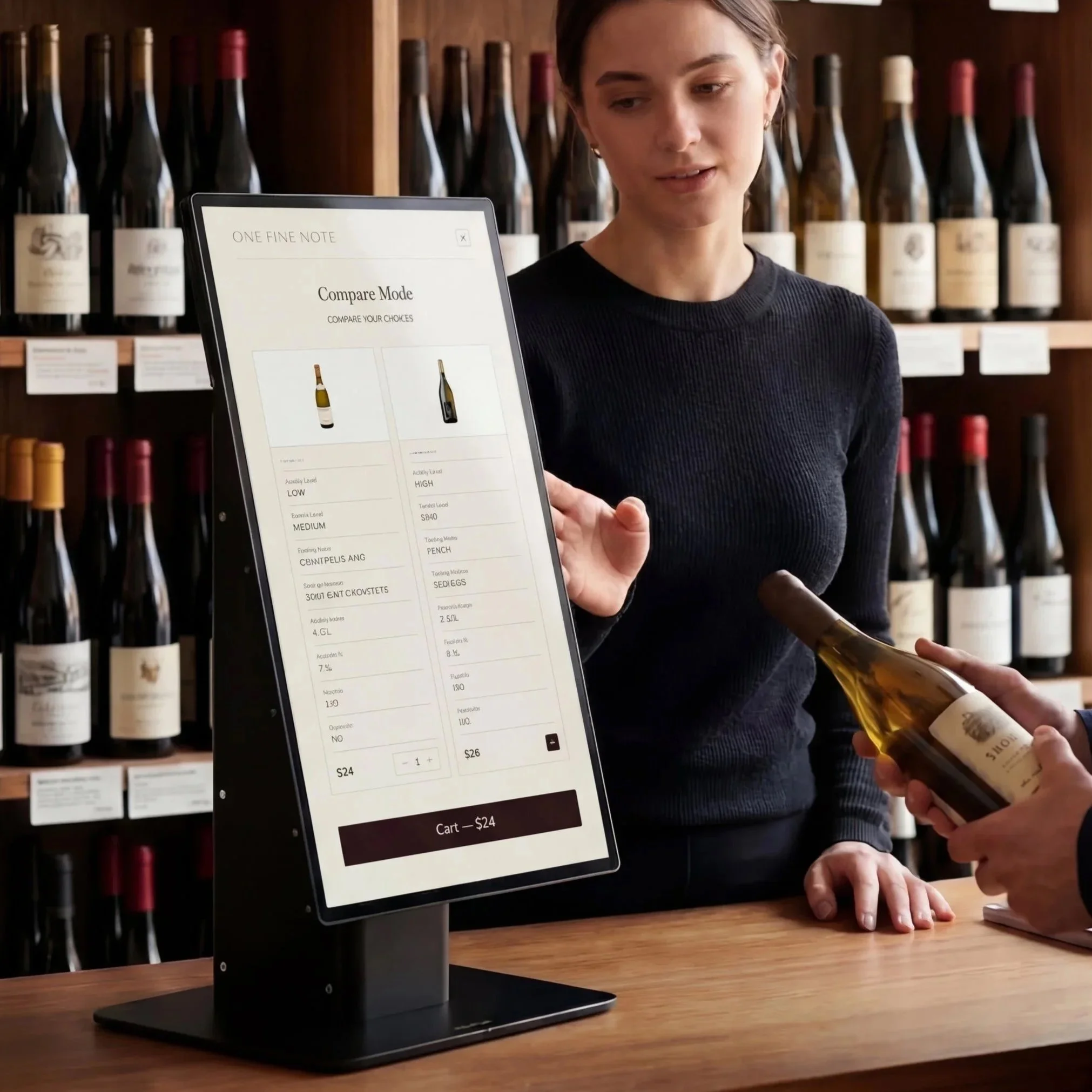 A woman in a black sweater assists a customer in a wine shop, with a touchscreen order screen displaying wine options and prices on a counter.