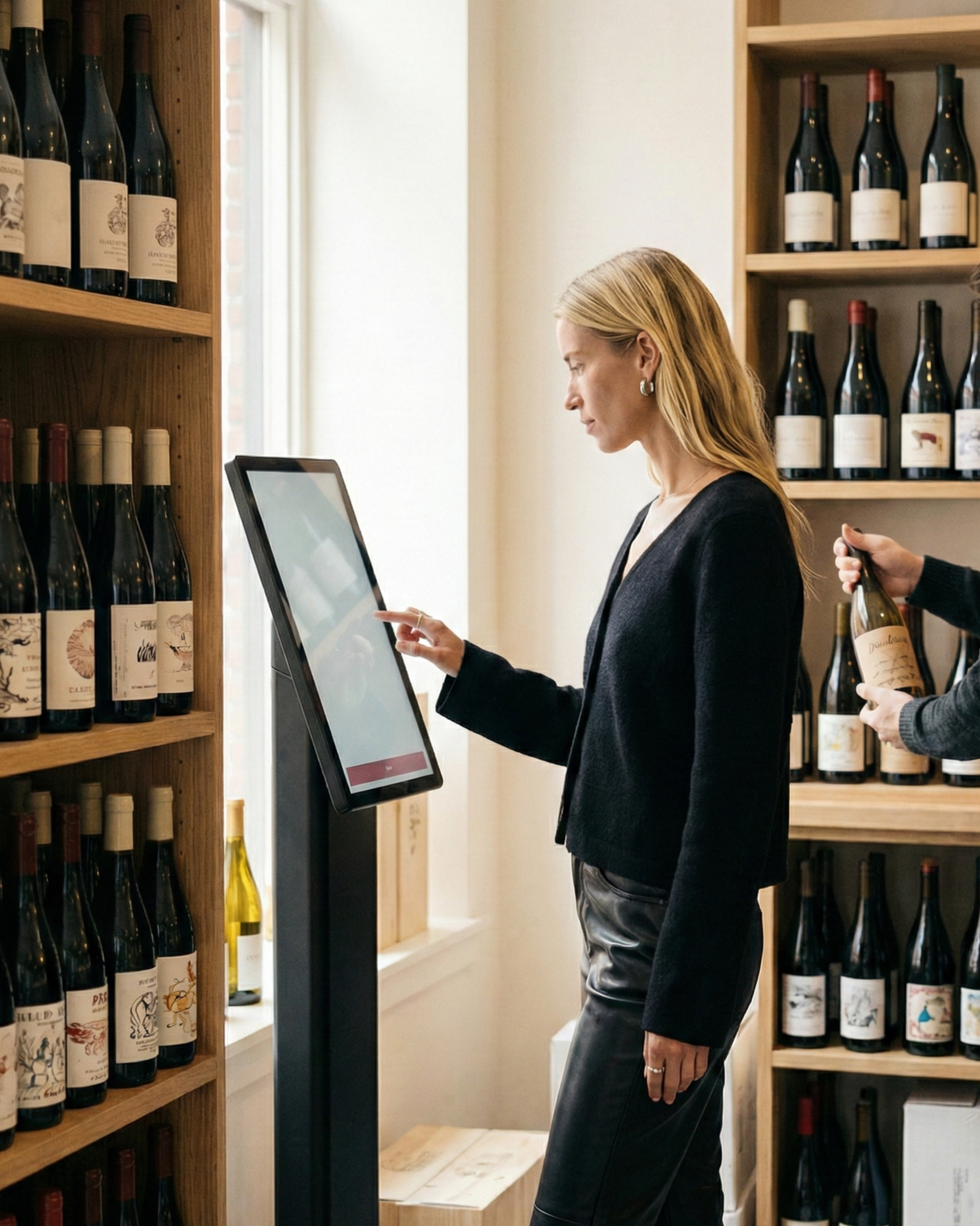 Woman using a touchscreen wine kiosk in a wine shop, with shelves of wine bottles around her.