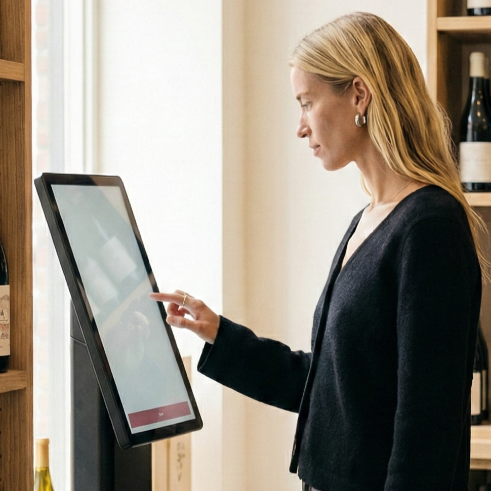 A woman with blonde hair wearing a black blazer interacts with a touchscreen kiosk in a retail wine shop.