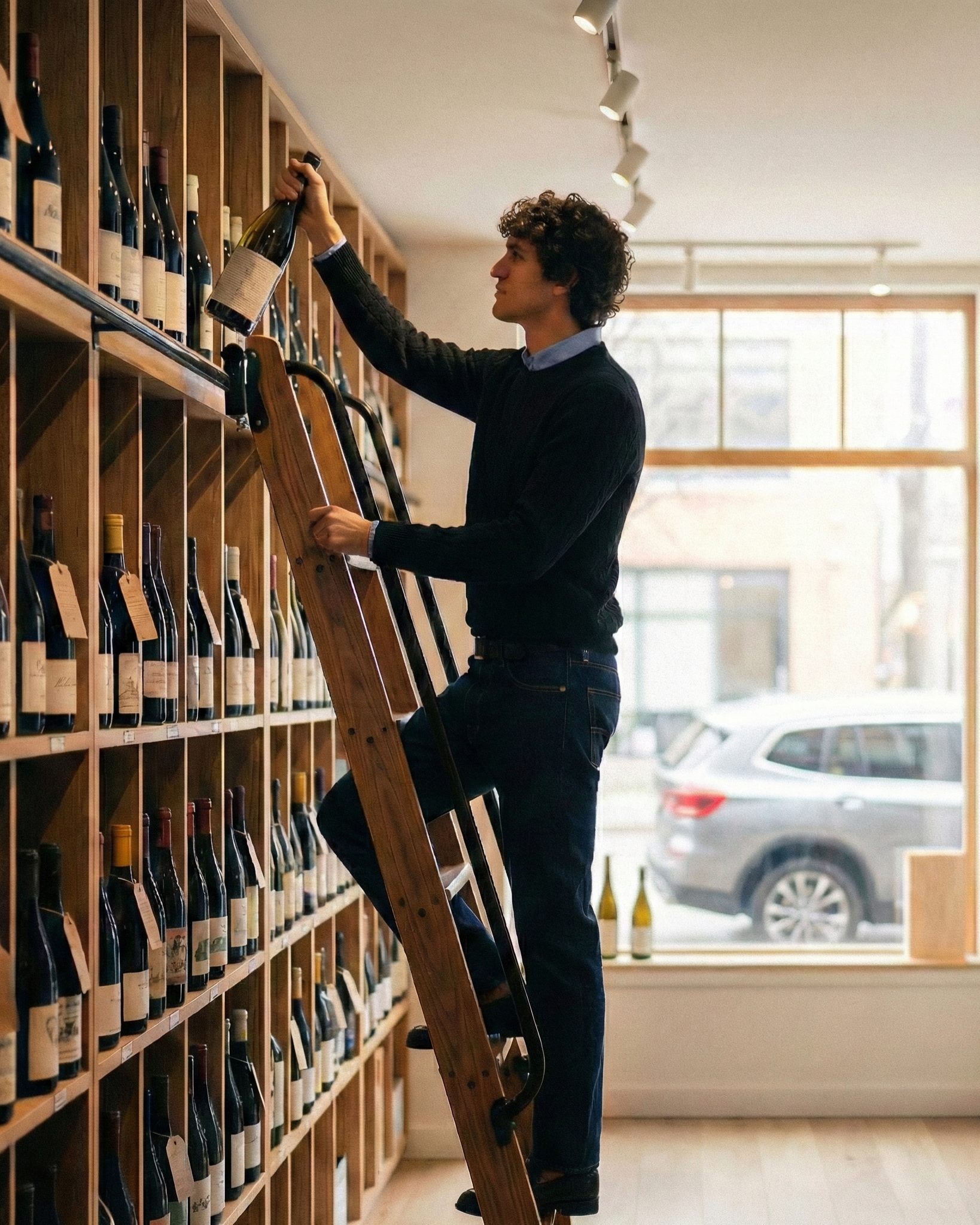 A man on a ladder selecting a bottle of wine from a shelf inside a wine shop.