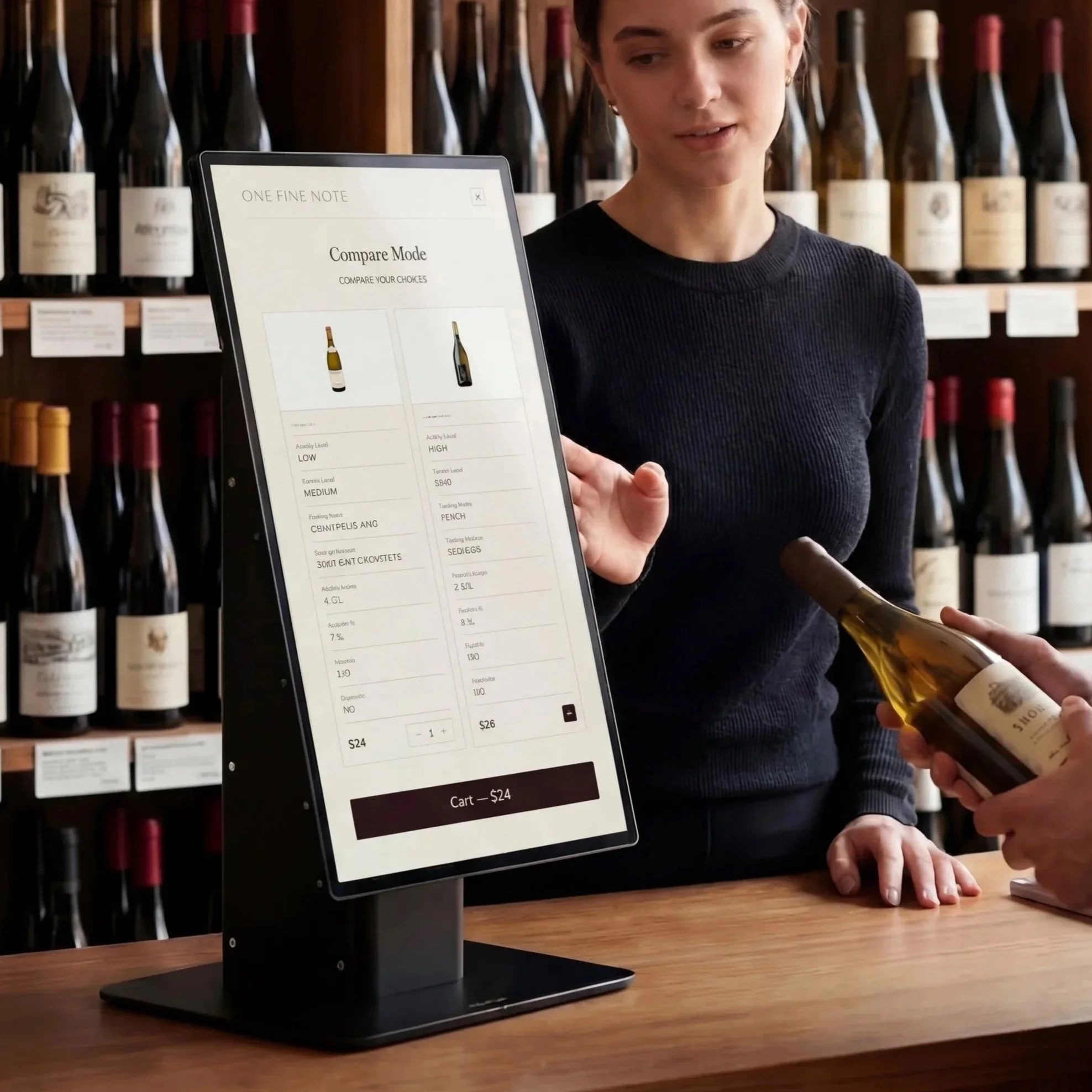 A woman is showing a digital wine menu to a customer at a wine shop counter, with shelves of wine bottles in the background.