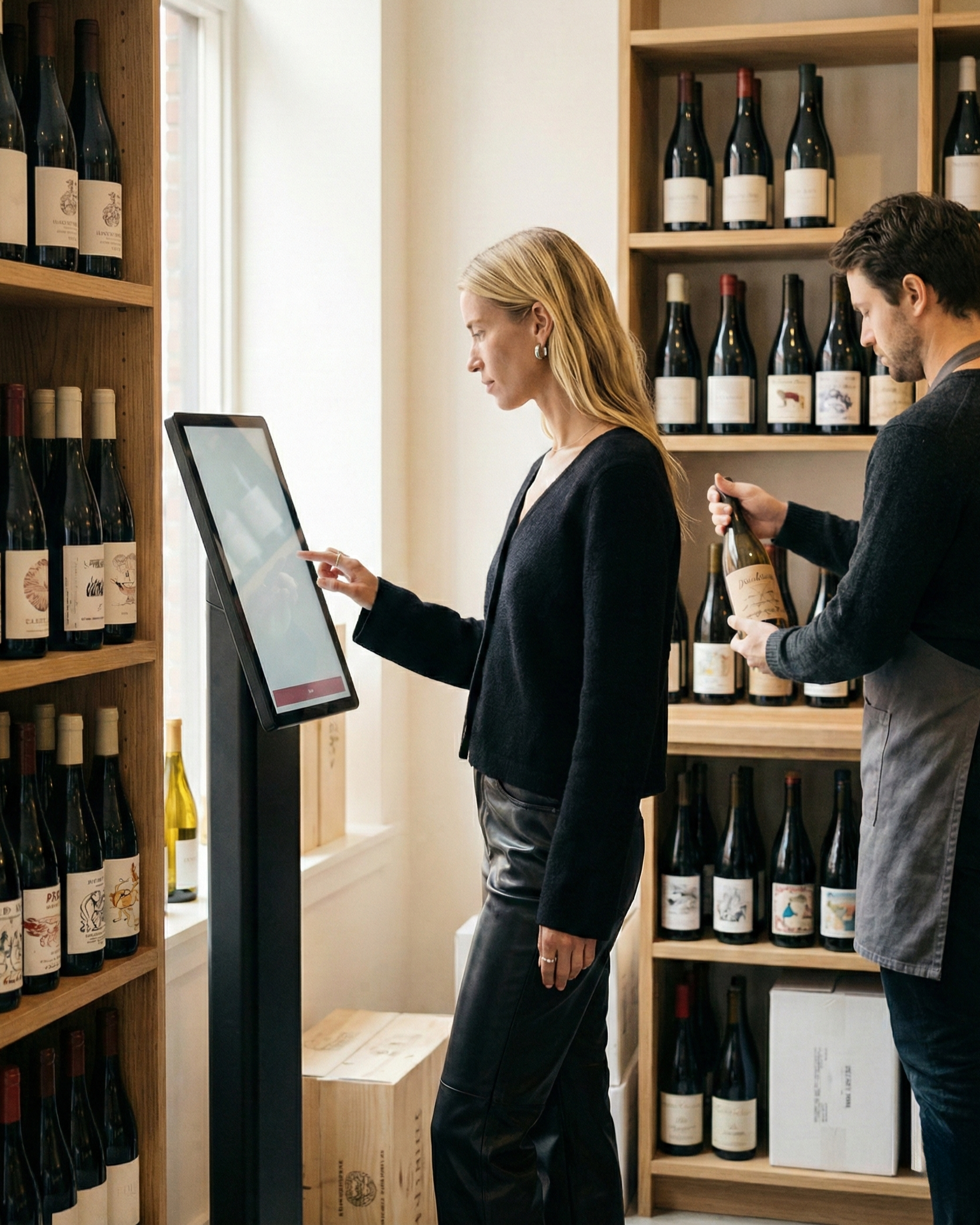 A woman interacts with a touchscreen while a man behind her holds a bottle of wine, inside a wine shop with wooden shelves filled with bottles of wine.