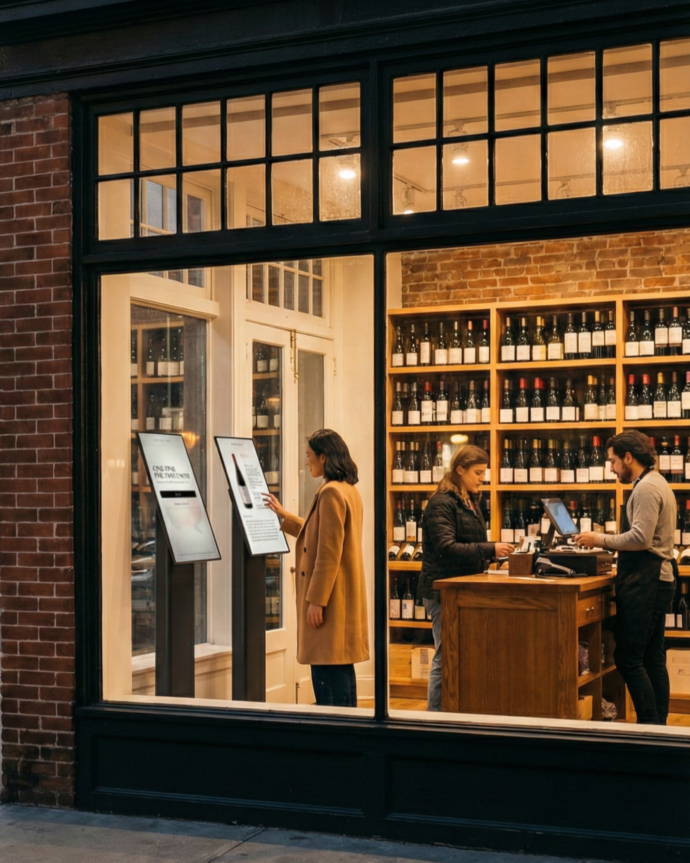 Inside a wine shop, a woman in a tan coat interacts with digital menus at the entrance, while a cashier in black interacts with a customer at the counter, with shelves of wine bottles in the background.