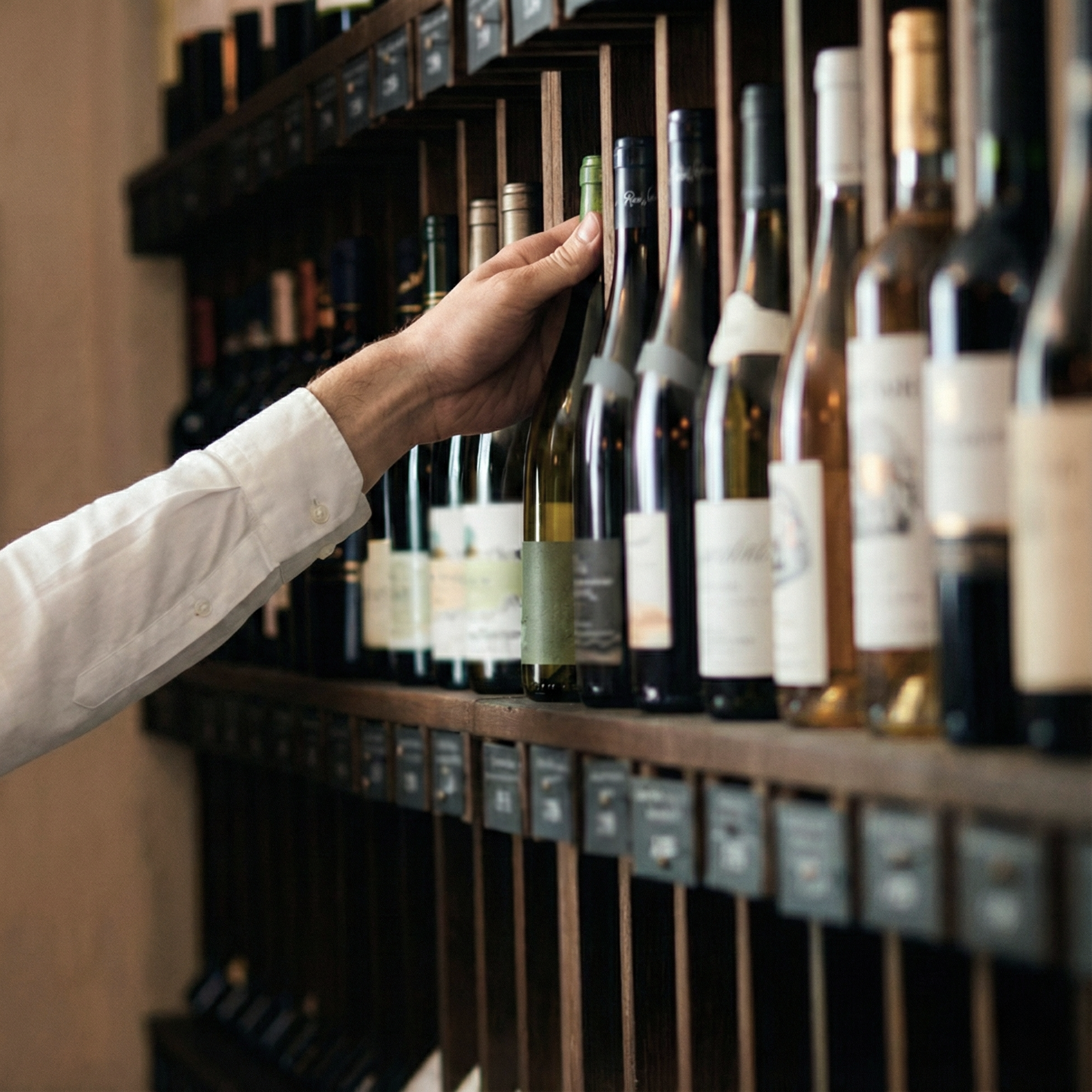 Person selecting a wine bottle from a wooden wine rack.