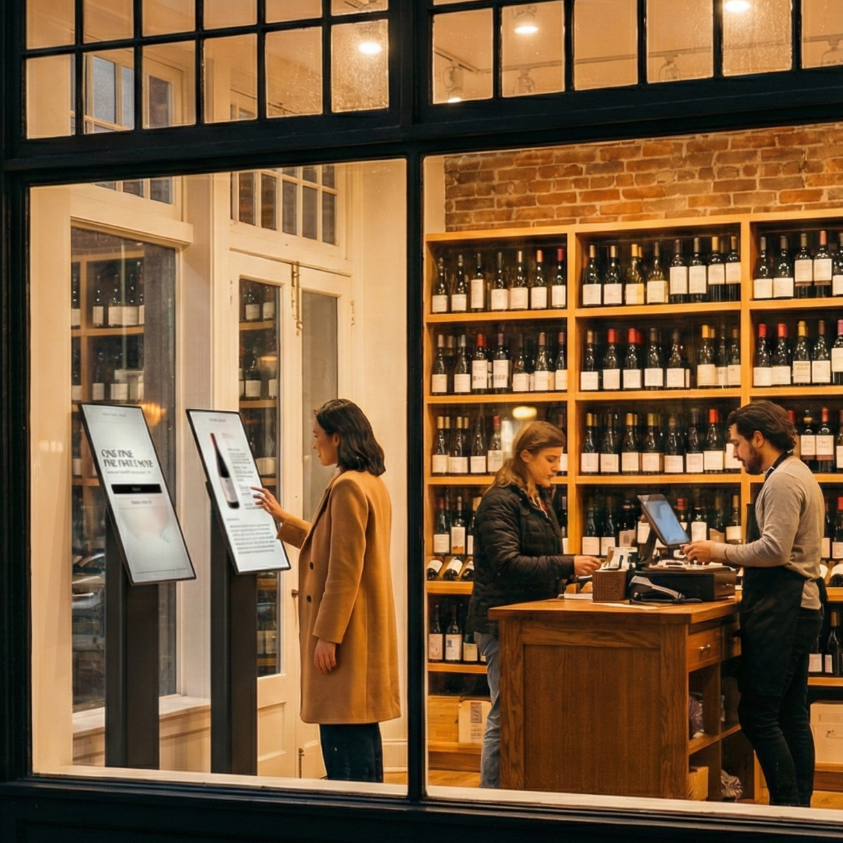 People shopping for wine inside a wine shop, viewed through a large window. Two women are at the counter, one using a touchscreen kiosk display, and one behind the counter, a man appears to be assisting with the purchase.