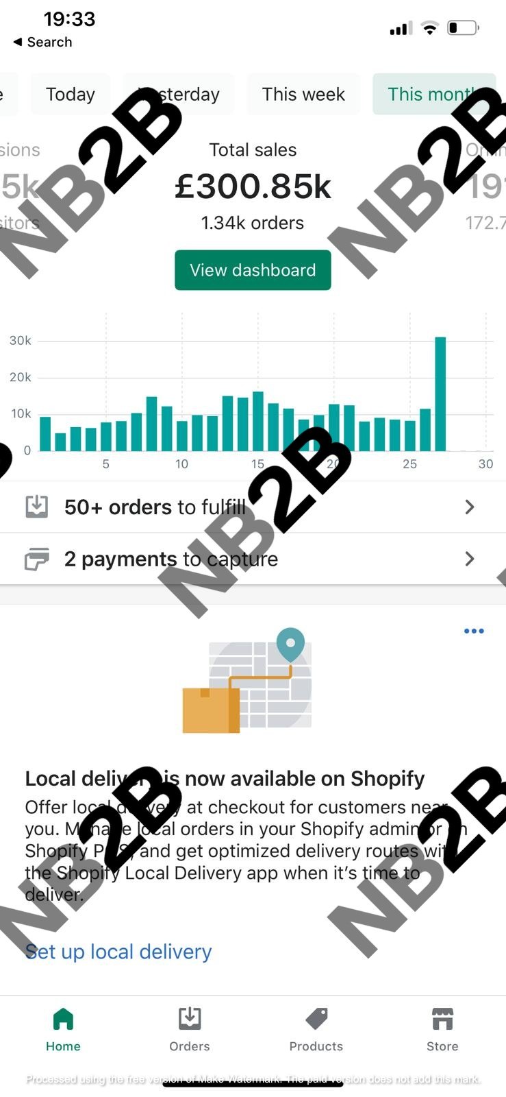 Shopify mobile app dashboard showing total sales of £300.85k, 1.34k orders, and a sales graph with a spike at the end. Includes options for orders to fulfill and payments to capture, with a section about local delivery now available on Shopify.
