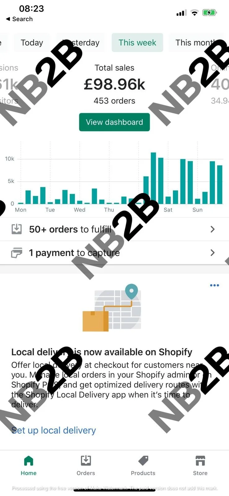 Shopify mobile app dashboard showing sales data for the week, with total sales of £98.96k from 453 orders, a sales graph, and options for fulfillment and local delivery setup.