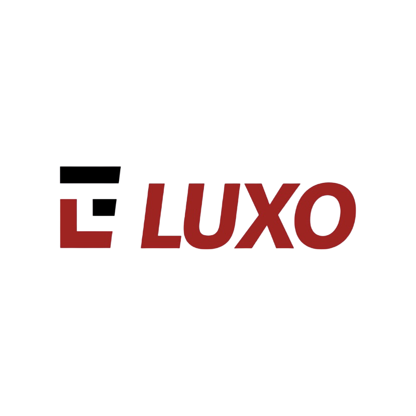 Logo with a stylized letter 'L' in black and red, followed by the word 'LUXO' in bold red letters.
