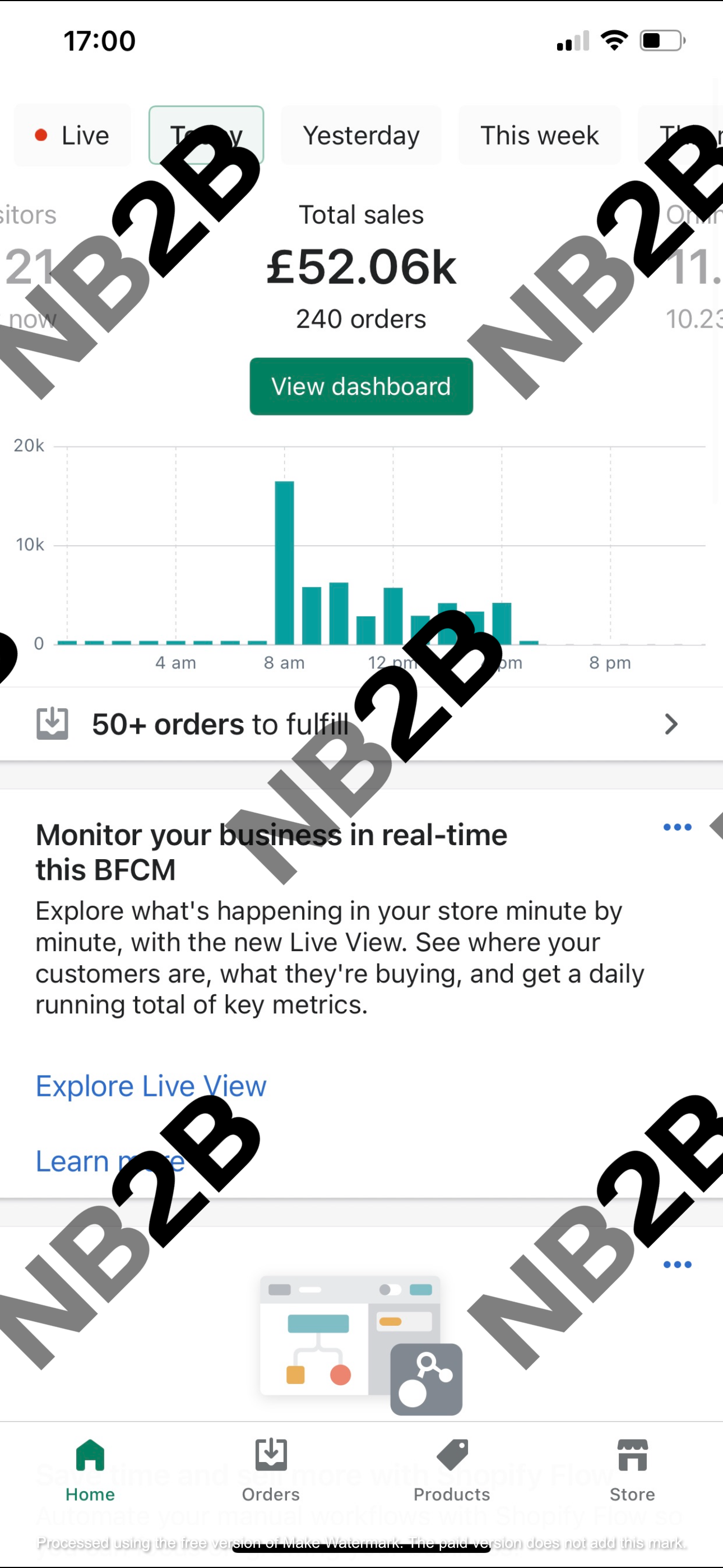 Screenshot of a mobile app dashboard showing total sales of £52.06k and 240 orders, with a bar graph of order times, and options to explore live view and learn more about business monitoring.