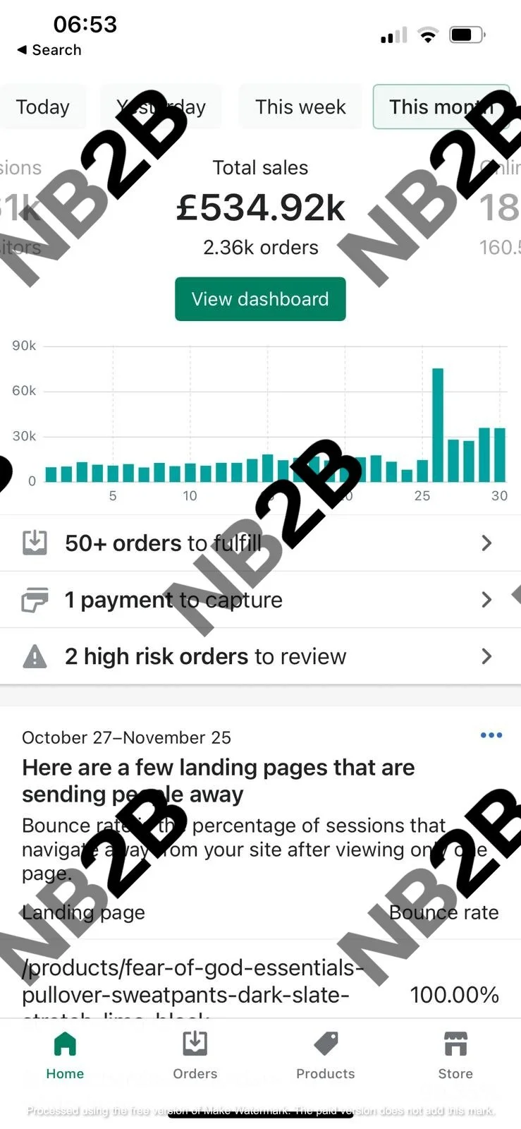 Mobile app dashboard showing total sales of 534,920 with 2,3600 orders and a sales graph. Sections include orders to fulfill, payment to capture, high-risk orders, and recent landing page activity.