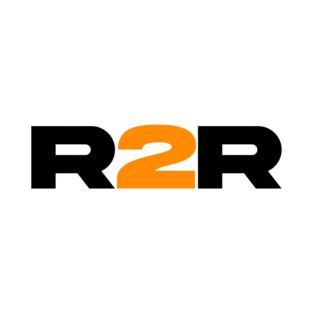 Logo for R2R with a black R, orange 2, and black R.