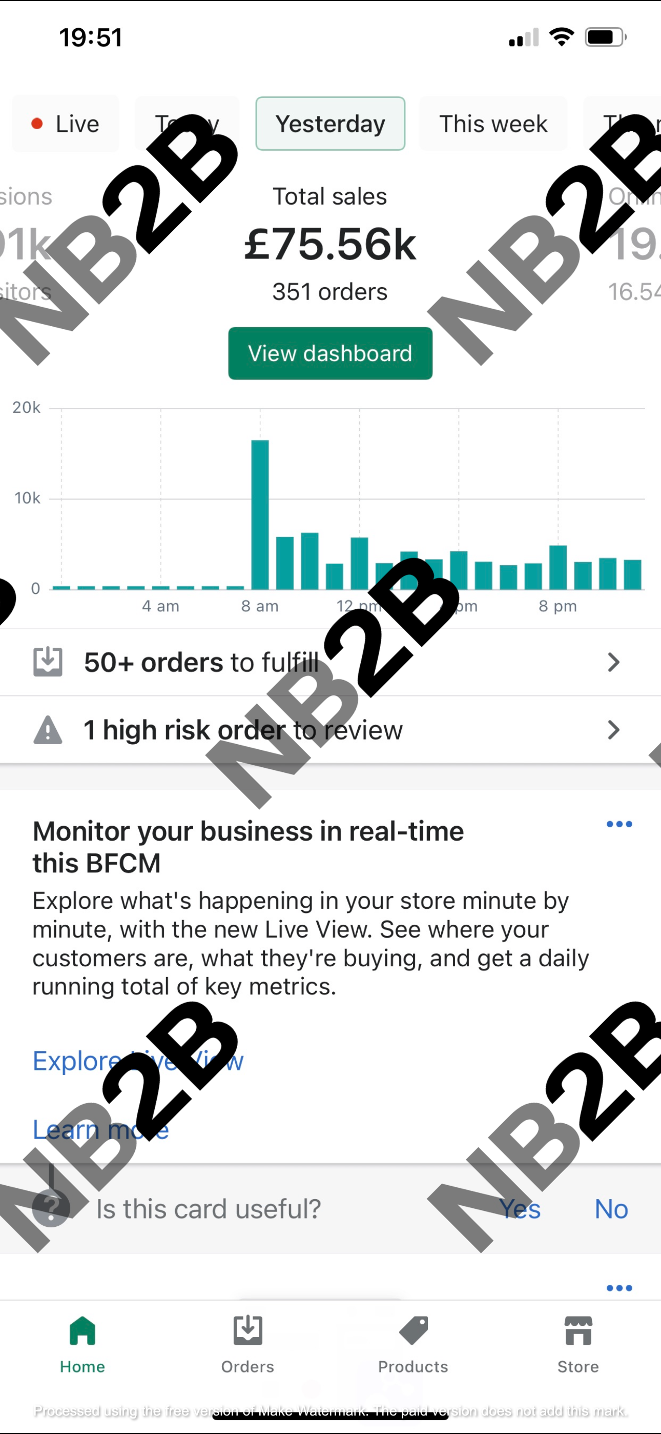 Mobile app dashboard showing total sales of £75.56k from 351 orders, with a bar chart of sales throughout the day, and notifications for recent orders and high-risk review.