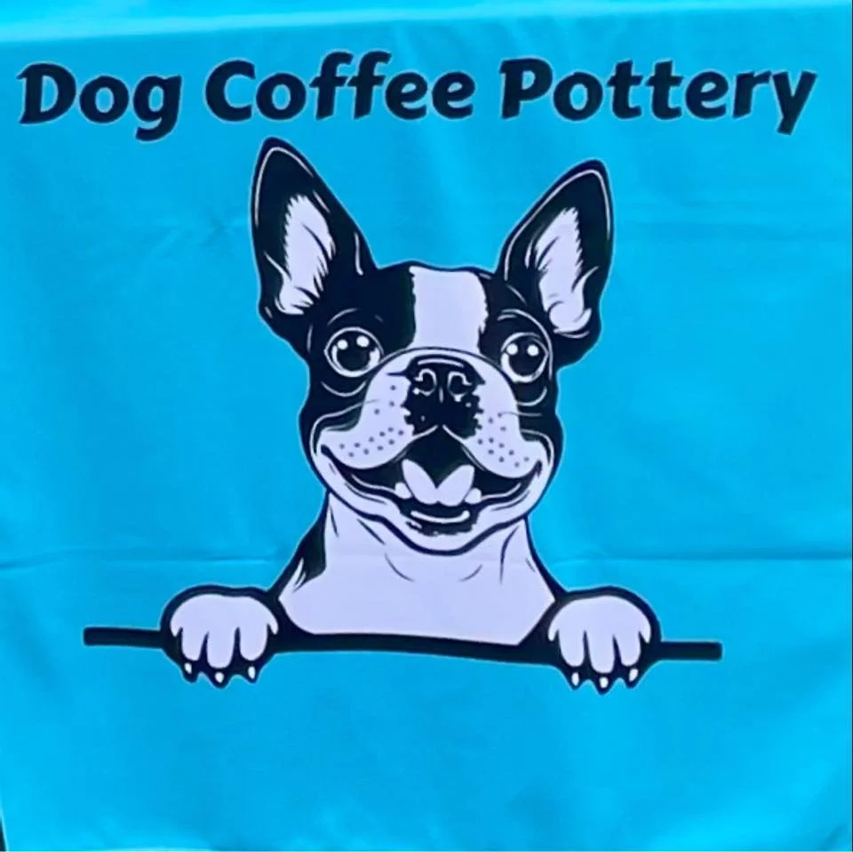 A logo of a cartoon dog with the text 'Dog Coffee Pottery' on a blue background.