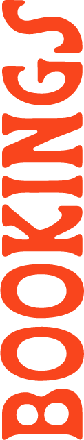 The word 'BOOKING' written vertically in bold red letters on a black background.