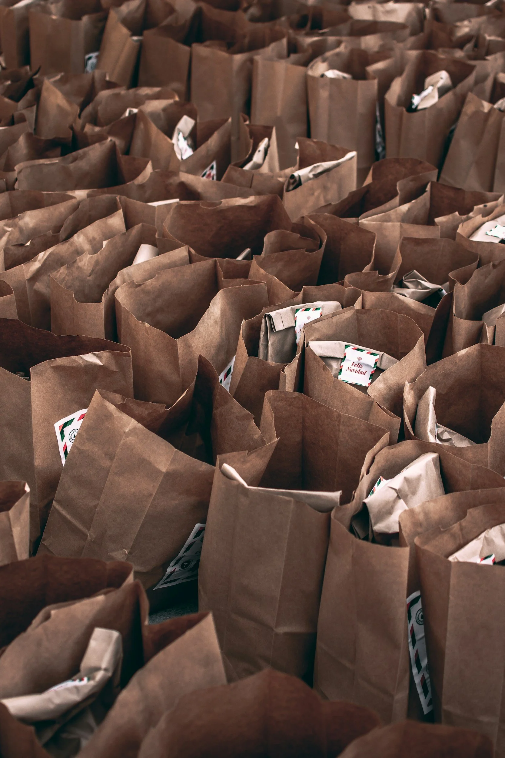 Multiple brown paper bags filled with donation supplies, arranged closely together.